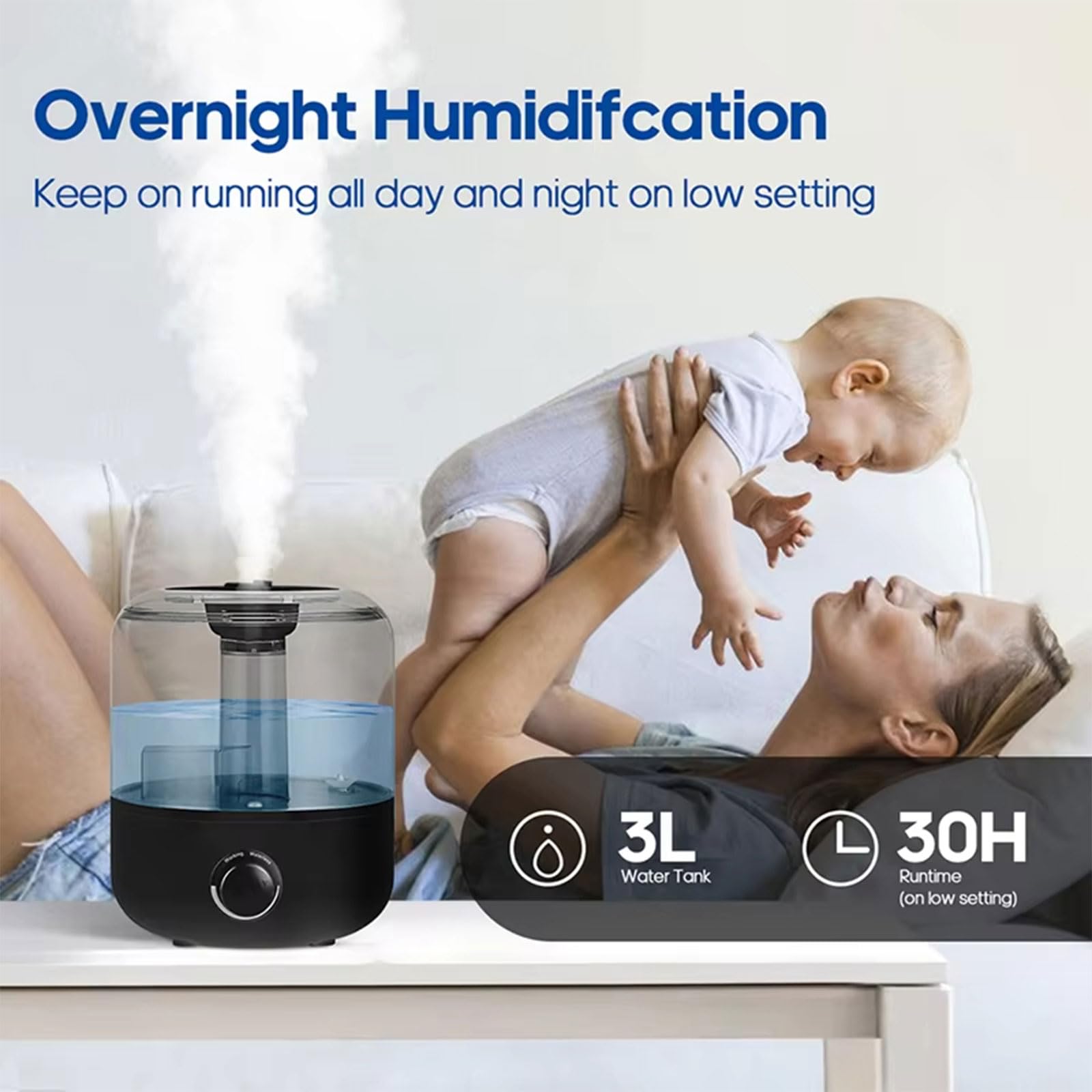 Humidificador para dormitorio, niebla fría ultrasónica de 3 litros con control remoto, difusor de aceite esencial, temporizador de apagado automático de seguridad, boquilla de rotación de 360°, tamaño