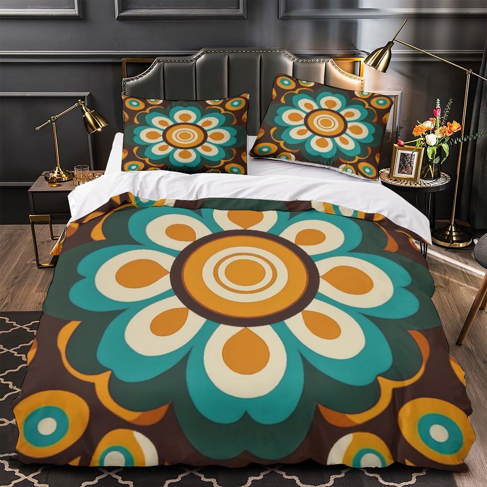 Parure de lit microfibre motif floral rétro housse de couette 135x200 cm