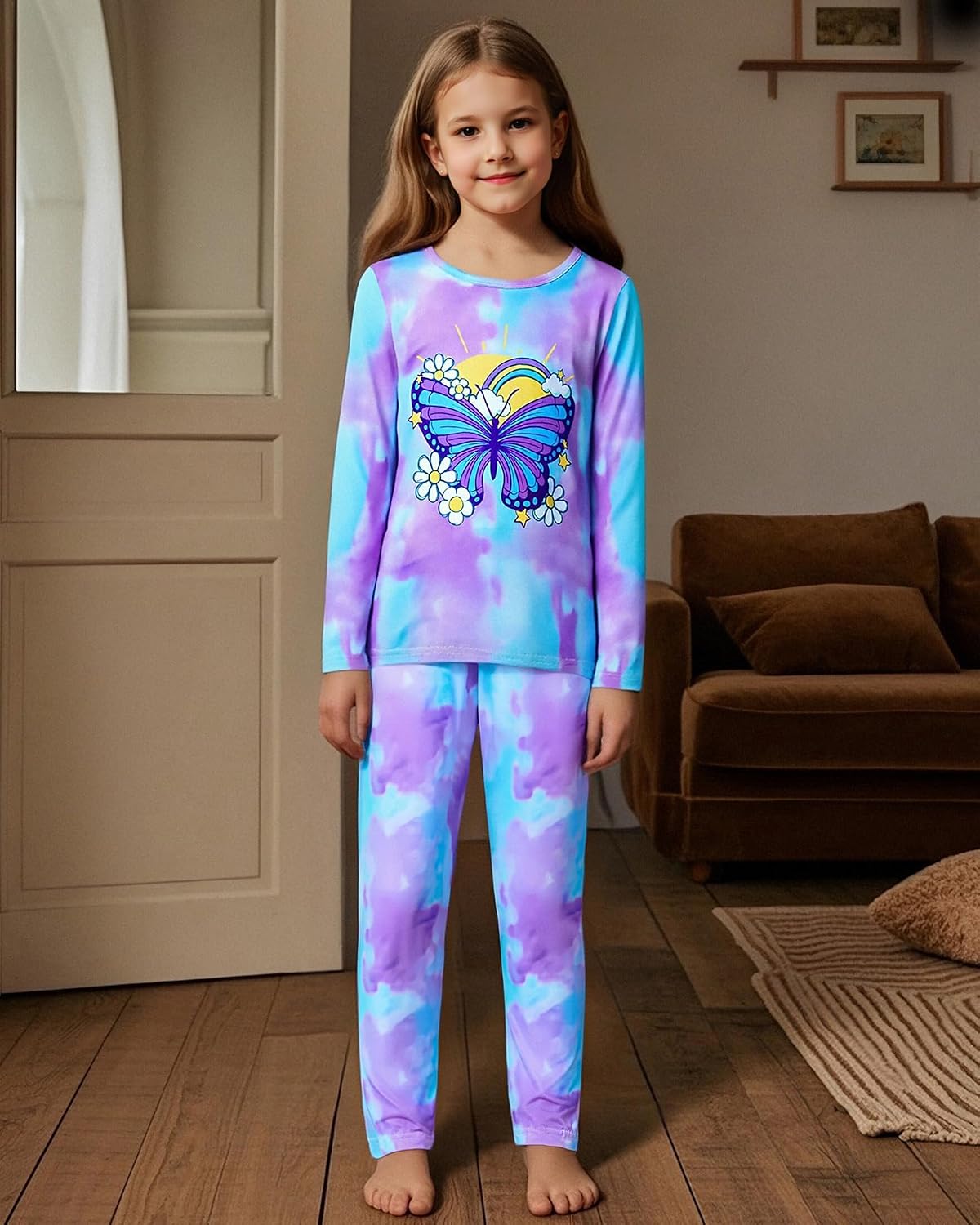 CARETOO Girls Pajama Set Long Sleeve Top Long Pants Pajamas Kids Tie Dye Cute Pattern Pj Sets Sleepwear for 3-12Y