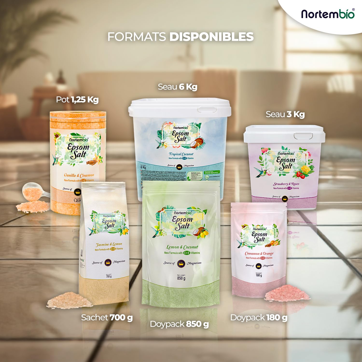Nortembio Sels d'Epsom Parfumés 6 kg Sel de Bain au Magnésium, Vitamines C & E | Bain de Pieds, Spa Maison, Relaxation et Bien-être | Parfum au Choix + eBook Gratuit (Noix de Coco Tropicale)