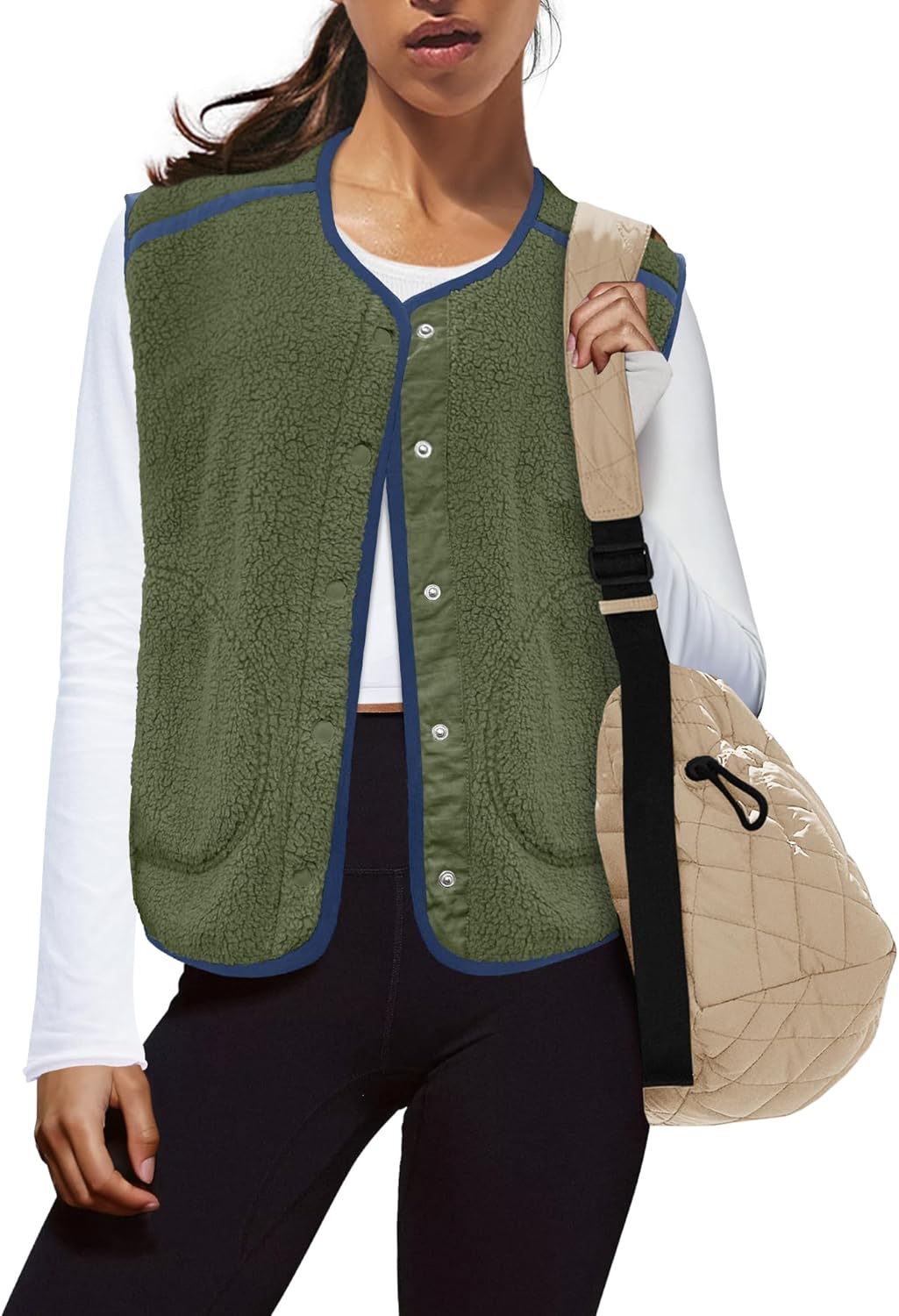 Panadila Womens Fuzzy Fleece Vest Oversized Sleeveless Sherpa Jacket Color Block Tops Button Down Outerwear with Pockets - Image 2