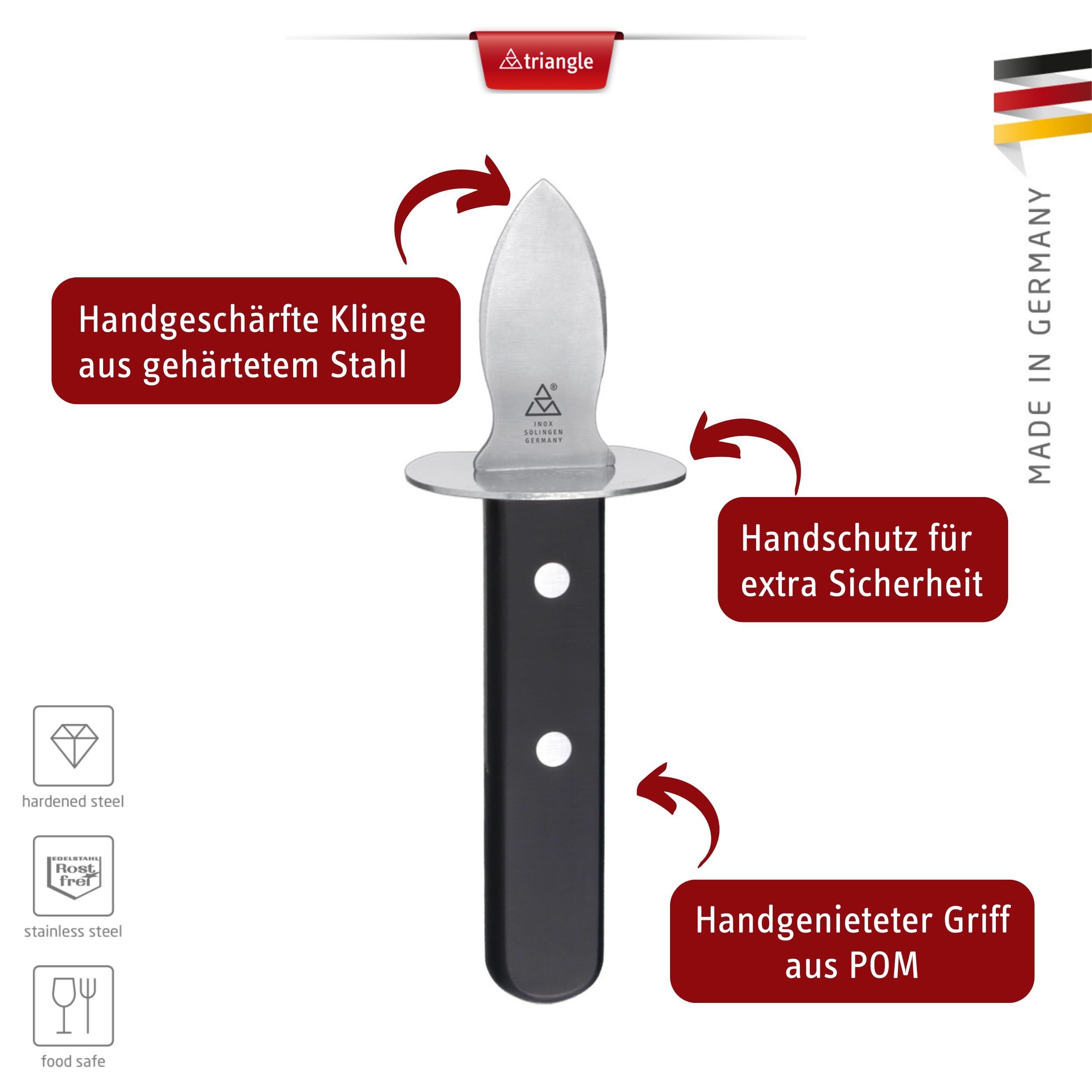 triangle Austernöffner genietet, gehärteter Edelstahl, Handschutz, Made in Solingen/Germany