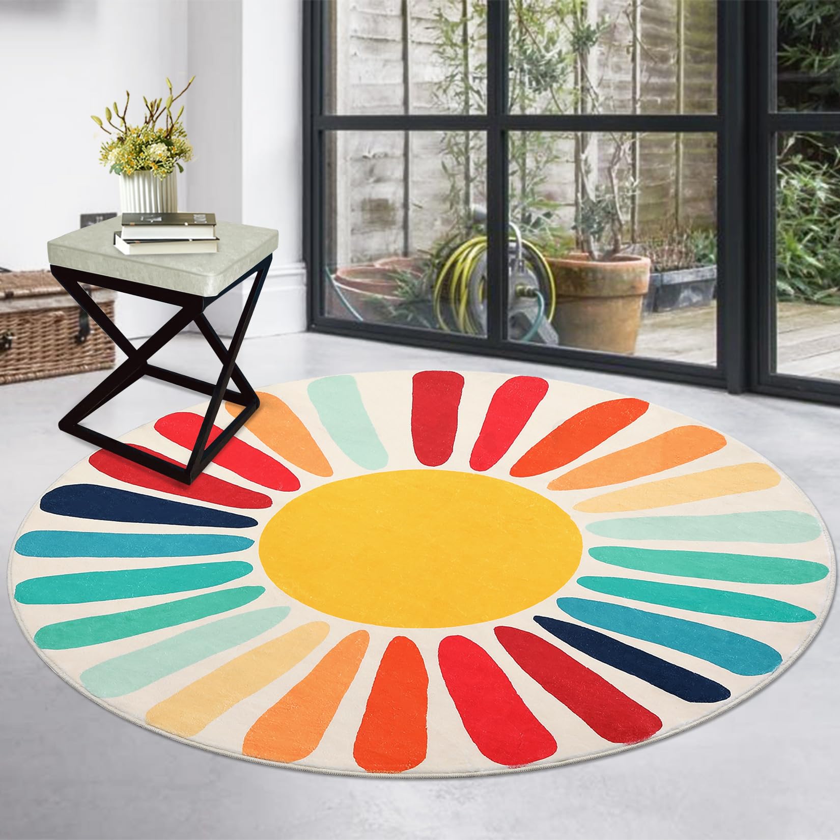 MilleLoom Washable Round Rug 4x4 Non-Slip Kids Room Circle Rug Colorful Sun Cream Soft Faux Wool Area Rugs Stain Resistant Easy-Clean Carpet for Nursery Bedroom Playroom Home Decor