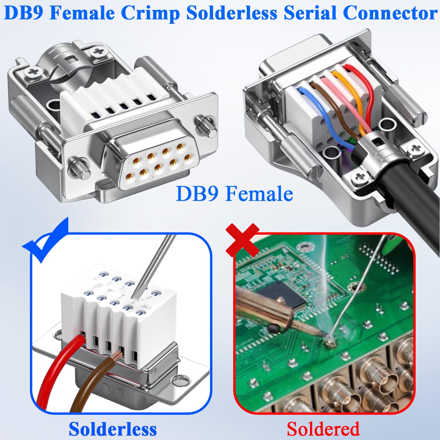 QIANRENON Adattatore seriale compatto DB9 senza saldatura, alloggiamento in metallo DB9 femmina crimp terminale connettore placcato oro D-SUB 9 pin senza saldatura, bullone anteriore laterale