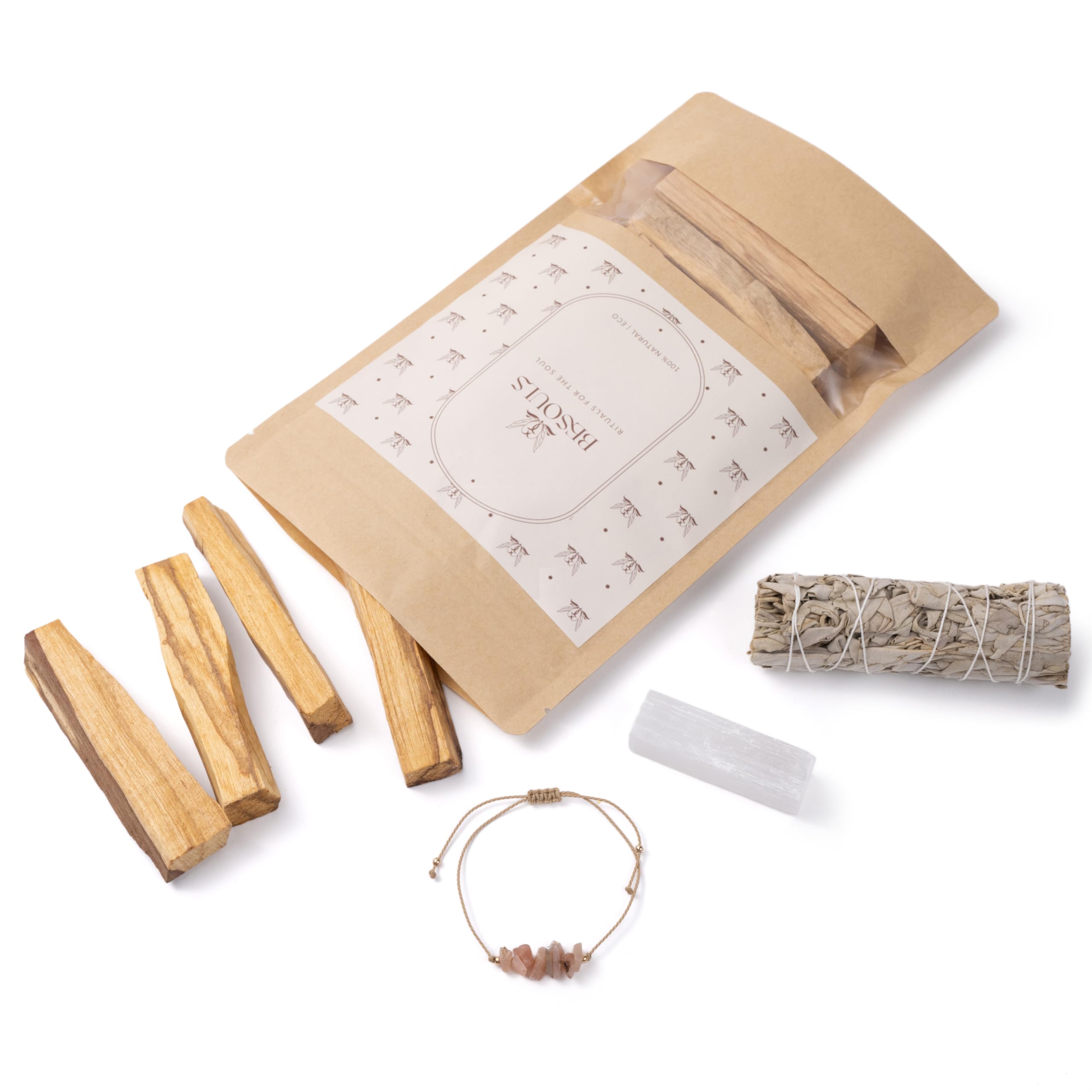 Coffret Premium Rituel Nettoyage Énergétique Palo Santo Purification Sauge Blanche Bracelet Sélénite Maison