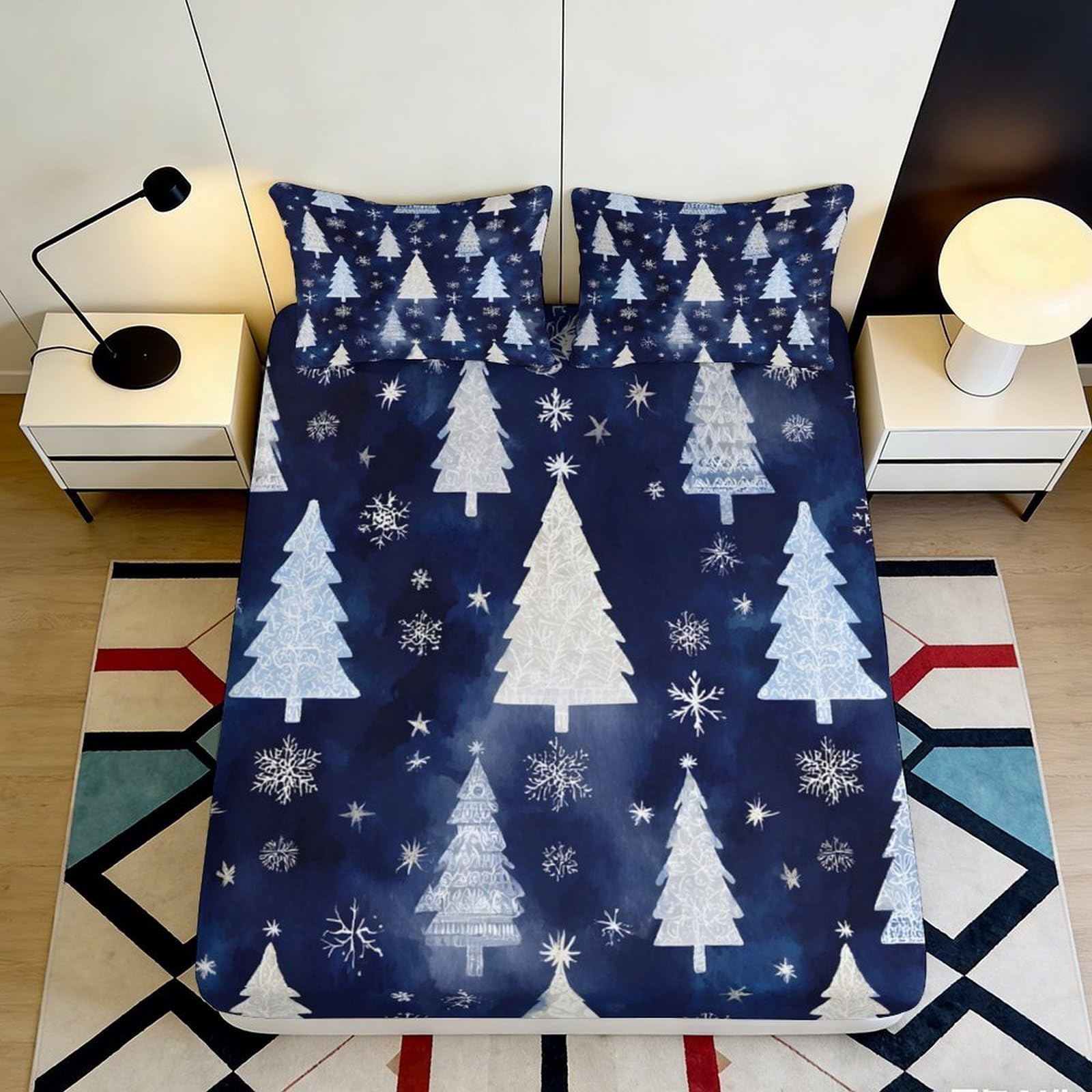 3D Printed Christmas Tree Fitted Sheet Microfiber Soft Durable Winter Snowflake Bed Cover for Bedroom Dormitory Guest Room Mattress Protection 140x200x25cm