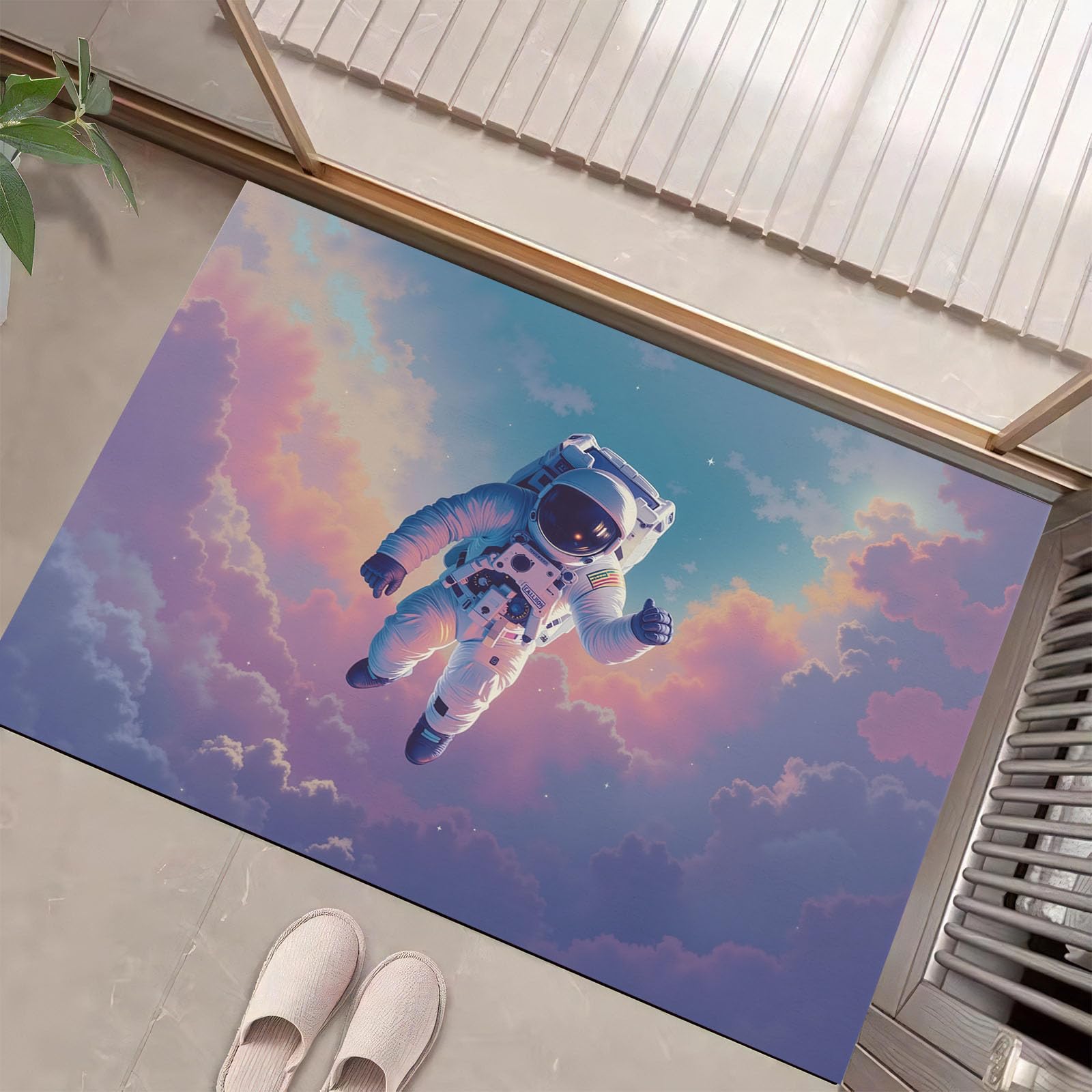 Felpudo de Entrada 80x120cm, Alfombra Espacio De Ensueño Atrapapolvo Alfombra Astronauta Flotando Antideslizante Lavable, Alfombrilla con Microfibras Suaves Absorbentes para Puerta, Pasillo, Púrpura