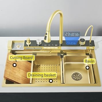 68 Cm Smart Digital Display Waterfall Sink 304 Stainless Steel Modern Kitchen Sink with 5 Water Outlet Modes Includes Waterfall Pull Out Faucet and Cup Washers Premium Si-Gold-75 x 45 cm
