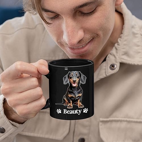 Miniatura 5 de Taza de café personalizada con nombre de perro salchicha con nombre, taza de cerámica negra personalizada para amantes de los perros, regalo para
