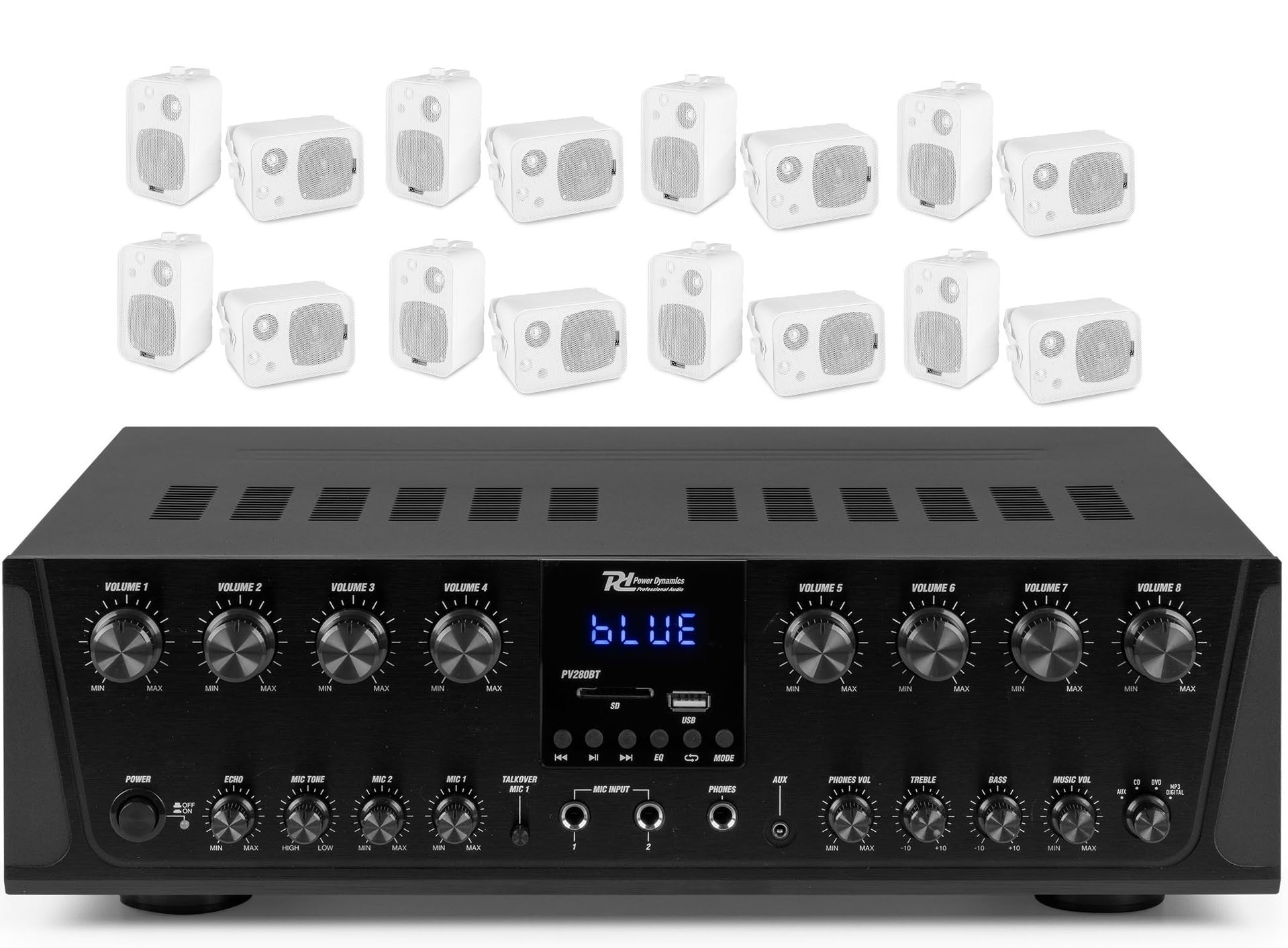 IMPIANTO AUDIO FILODIFFUSIONE 8 ZONE AMPLIFICATORE CON BLUETOOTH+CASSE AUDIO (ALTOPARLANTI NERI)