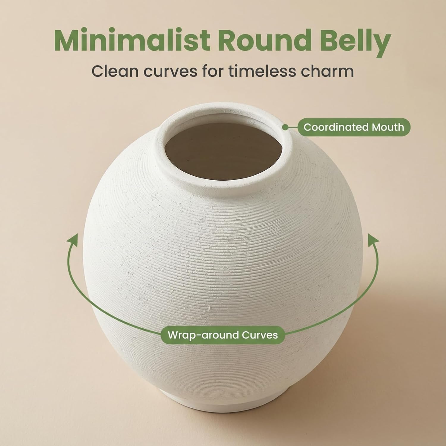 Large White Ceramic Vase Home Decor, Round Rustic Table Vases Farmhouse Living Room Entrway Kitchen Bedroom Decorations，Minimalist Hand-Made Textured Vase (10.8” Sandstone White)