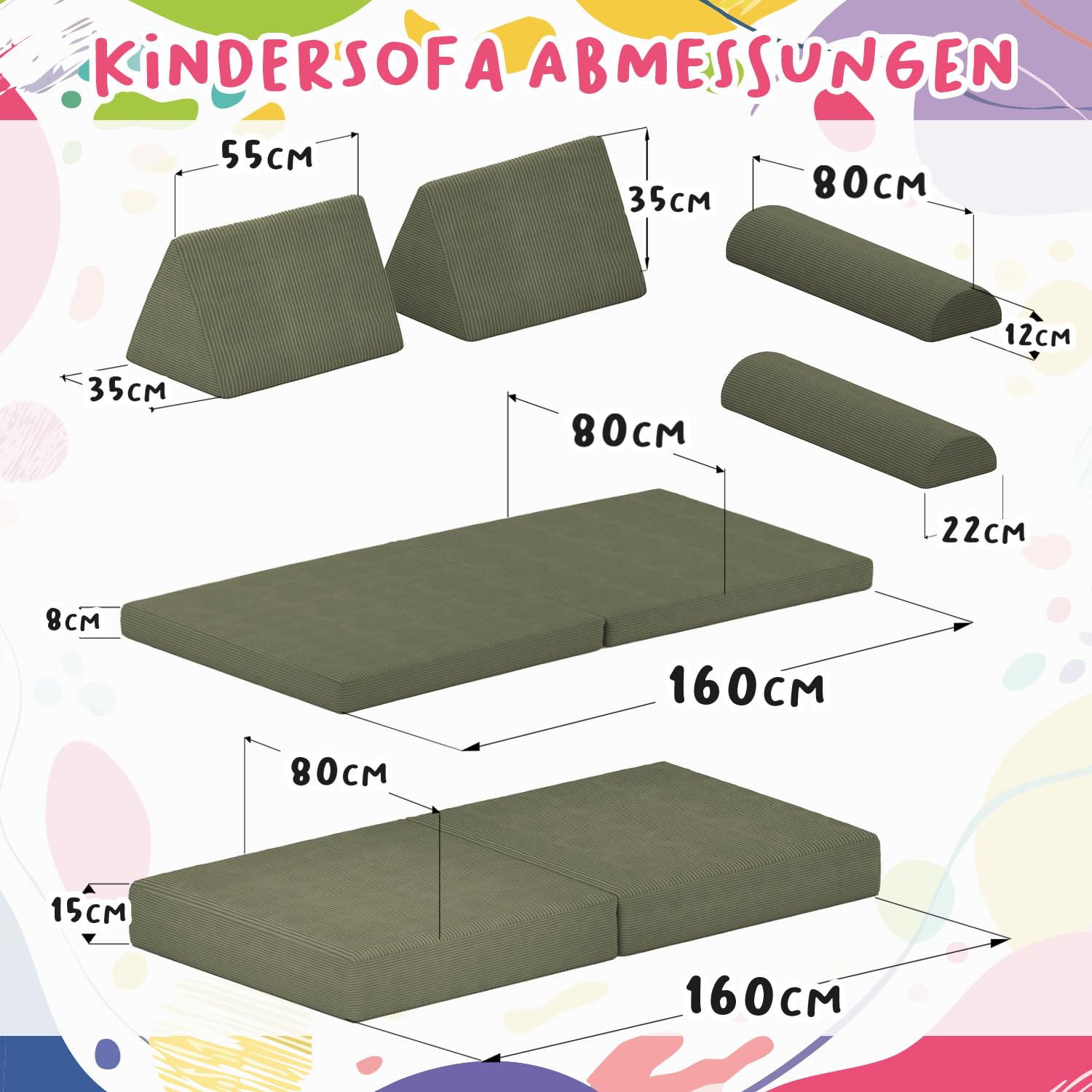 POKAR Kindersofa | Spielsofa Cord aus Schaumstoff Bausteinen | Modulares Spielsofa für Kinder | Kuschelecke im Kinderzimmer Kindercouch | Oeko-Tex 100 Zertifiziert | Warmer Karamell