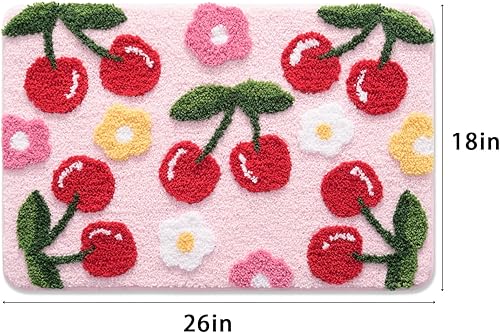 Miniatura 2 de Anybar Alfombra de baño rosa, bonita alfombra de baño de cerezas, accesorios de baño, divertida alfombra de flores, antideslizante, lavable a
