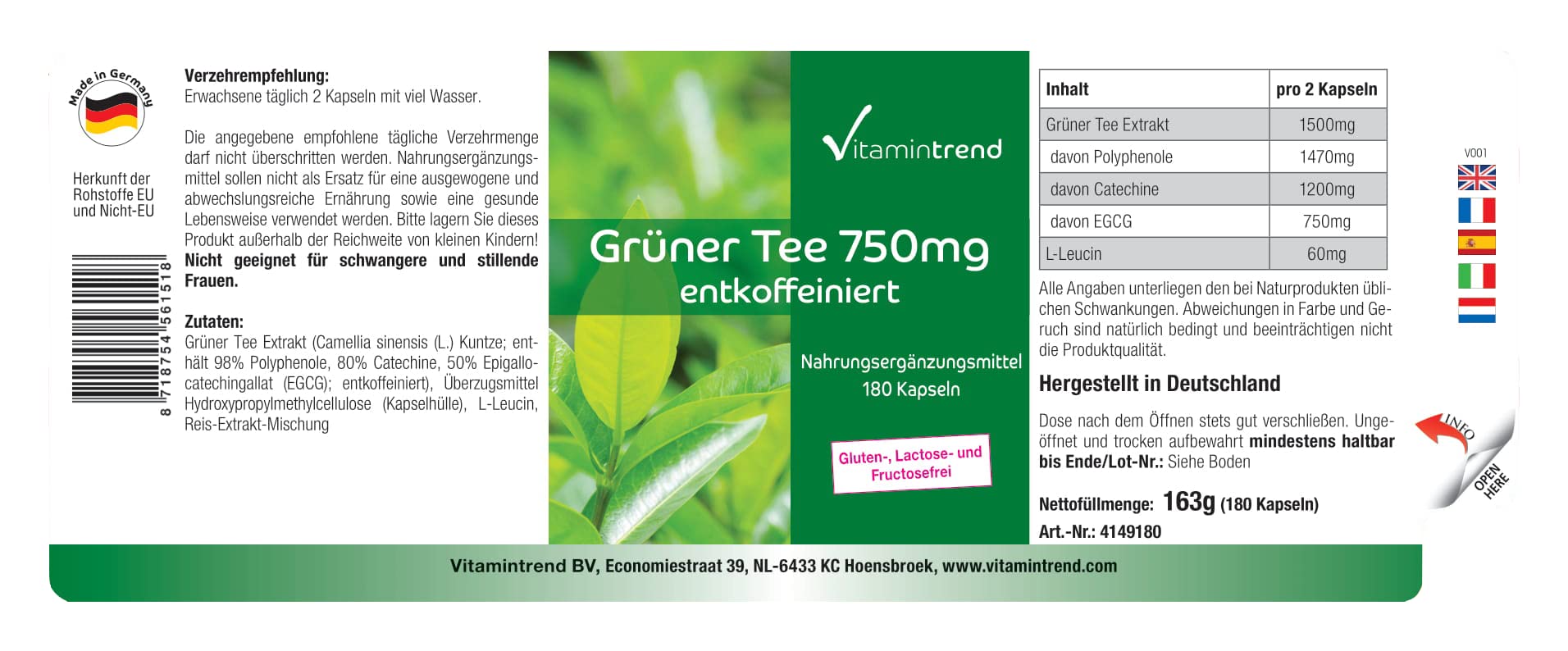 Vitamintrend Grüner Tee Extrakt 750mg, 180 Kapseln, hochdosiert mit 98% Polyphenolen, Nahrungsergänzungsmittel vegan ohne Magnesiumstearat, in Deutschland hergestellt