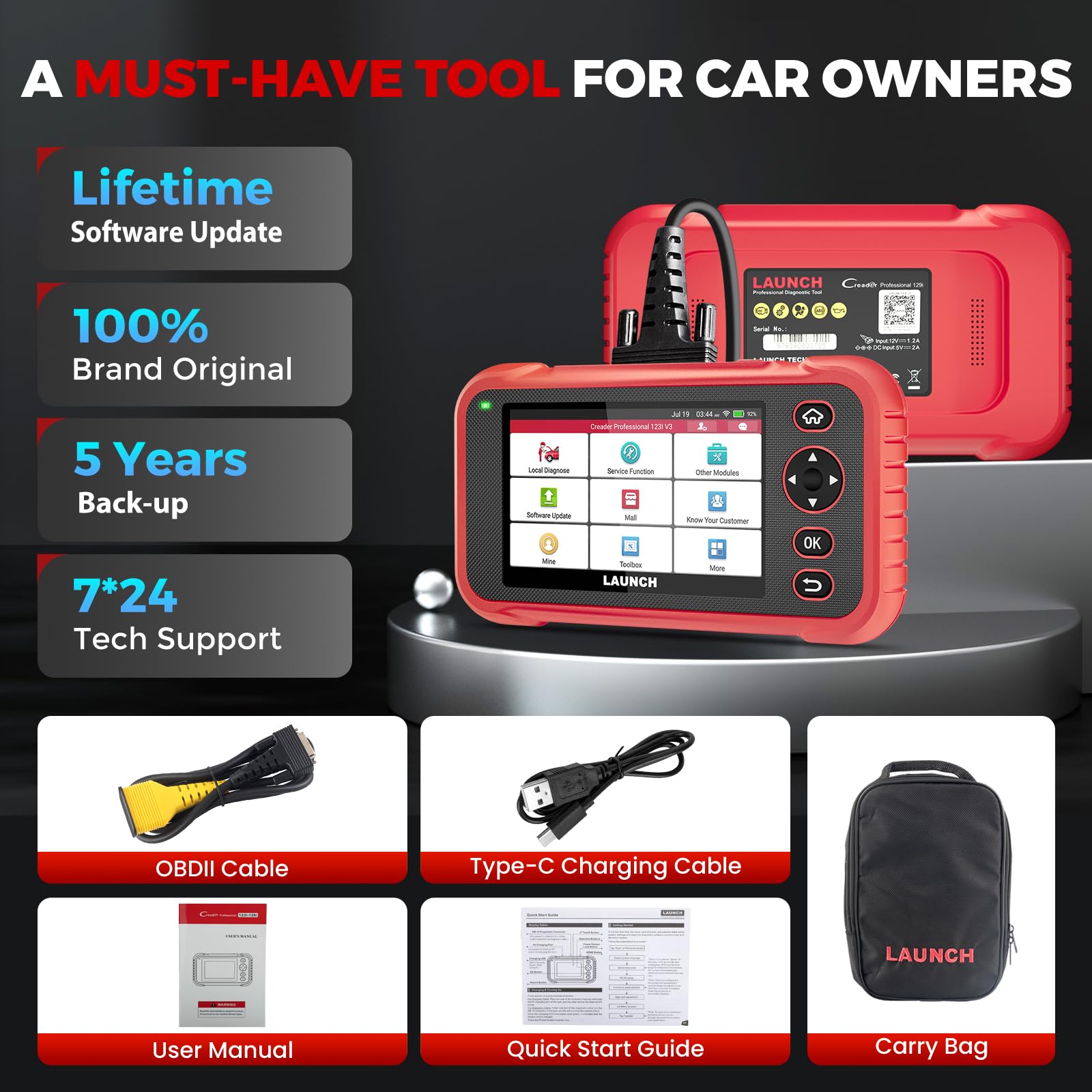 LAUNCH CRP123i V2.0 Elite OBD2 Auto Diagnostica, Strumento di Diagnostica Auto con 4 Sistemi (Motore/ABS/Airbag/Trasmissione), 7+ Servizi(Acceleratore/Olio/SAS/FAP/Impianto Frenante/BMS)