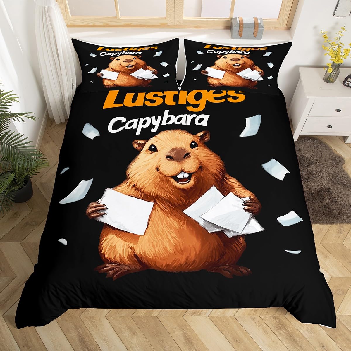 Homewish Kids Capybara Double Duvet Cover Set for Boys Girls - Cartoon Capybara Teens Bedding Cute Room Decor - Funny Brown Animal Print Quilt Cover Black Reversible Bed Set - 2 Pillowcases