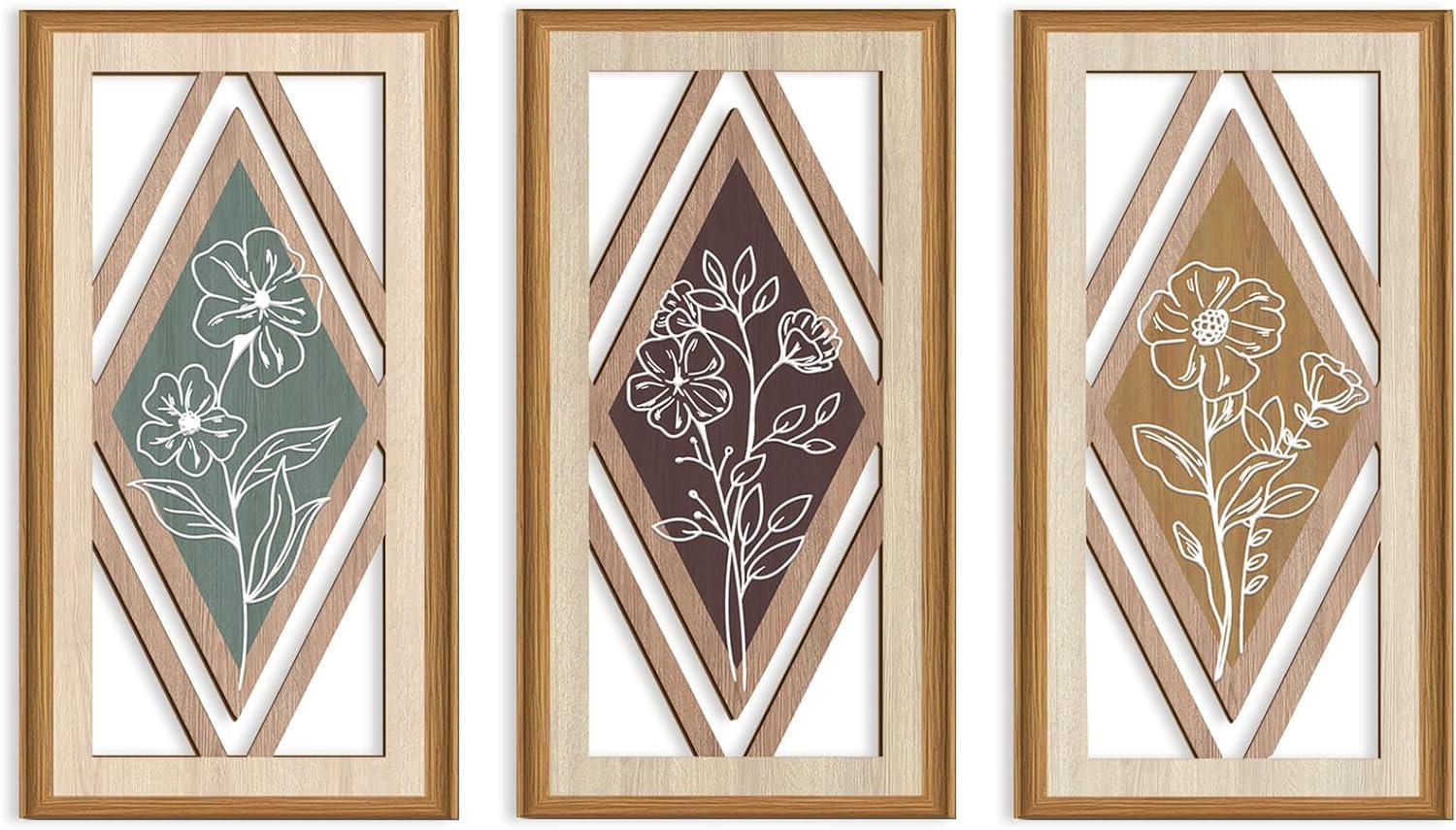 HPNIUB 3PCS Hollow Diamond Flower Wall Art Framed Boho Room Decor 20x40CM — image 1
