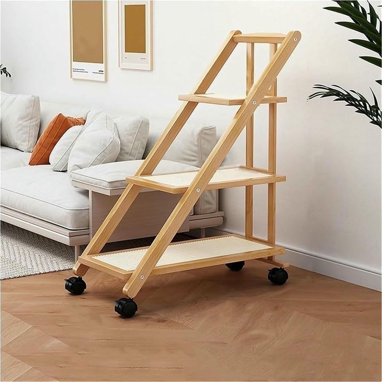 Eiwitany Foldable Narrow Wheeled Wooden Side Cart with Plastic Rattan Mesh, Mobile Sofa & Bedside End Table for Living Room (Natural 3 Tier)