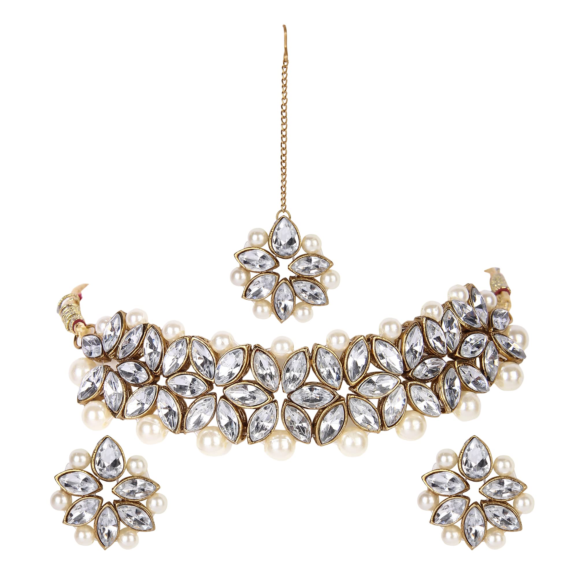 Seas Worth Gold Stylish Traditional Earring & Necklace Set Silver Pearl Inlaid For Women and Girls (B0B1X1YVQD) Amazon Price History, Amazon Price Tracker