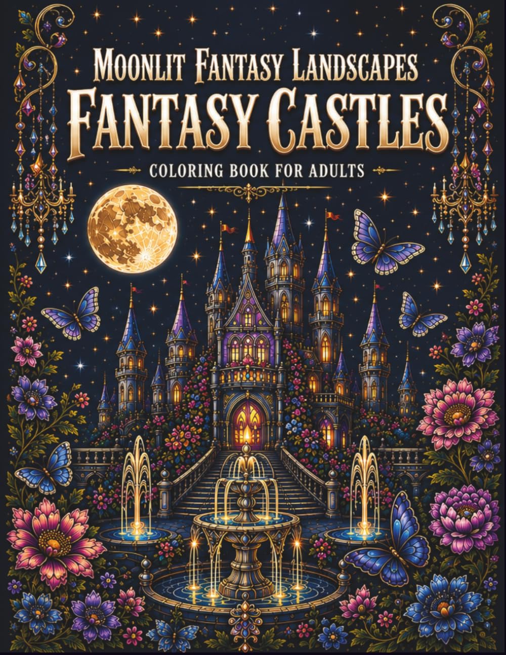 Moonlit Fantasy Landscapes: Fantasy Castles: A Black Background Coloring Book for Adults with Enchanted Castles, Moonlit Gardens, Magical Architecture and Relaxing Fantasy Scenes