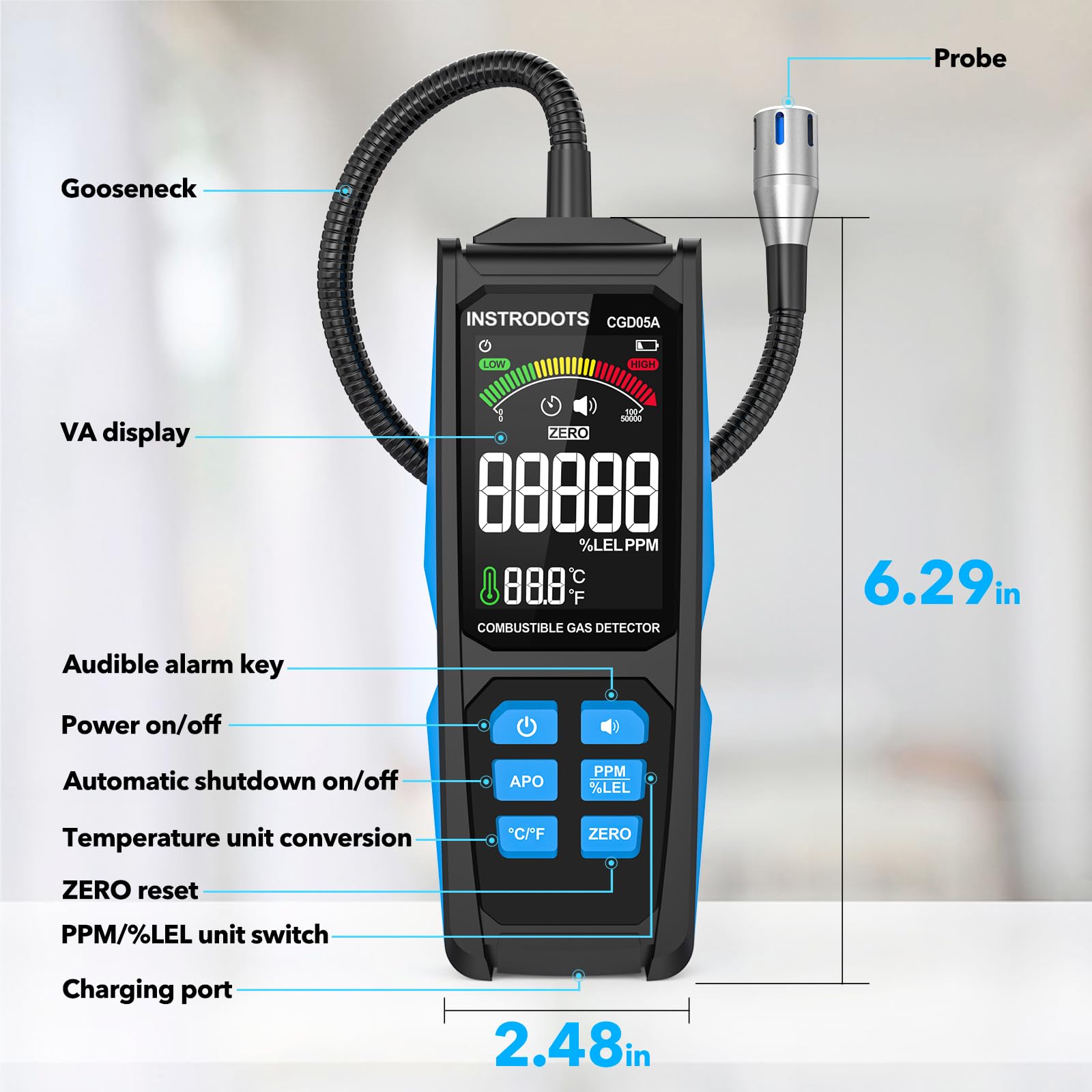 Detector de gas natural, detector de fugas de gas con alarma audible y visual, sensor de gas recargable con cuello de cisne de 11.3 pulgadas, localización de propano, gas natural, fugas de