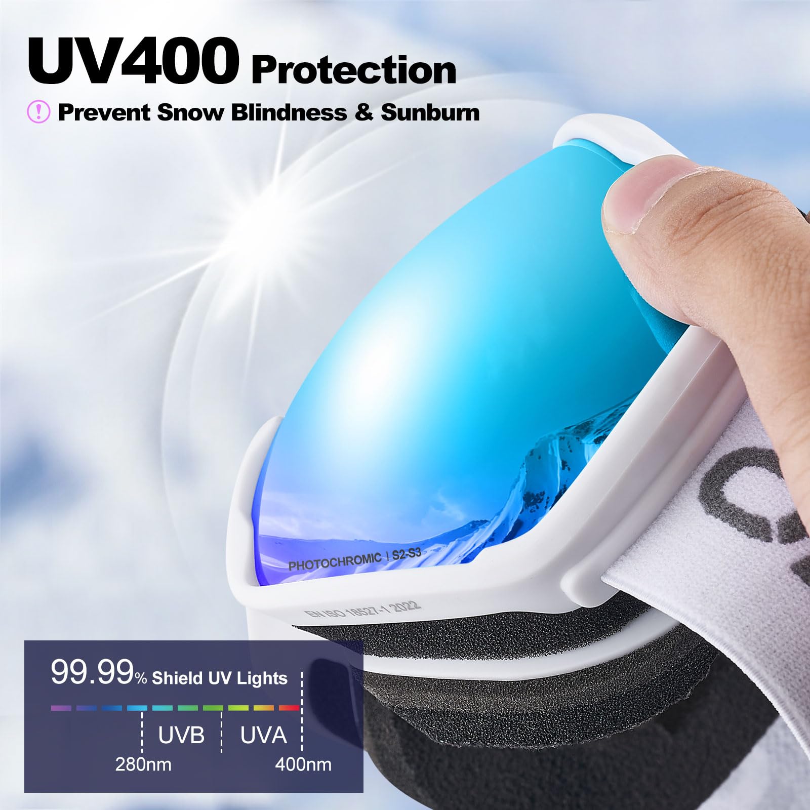 Odoland Lunettes de Ski Lentille Photochromique, Masque de Ski et Snowboard Anti-UV400, Anti-Buée,avec Grande Lentille Sphérique pour Homme Femme, Skating, Surf des neiges