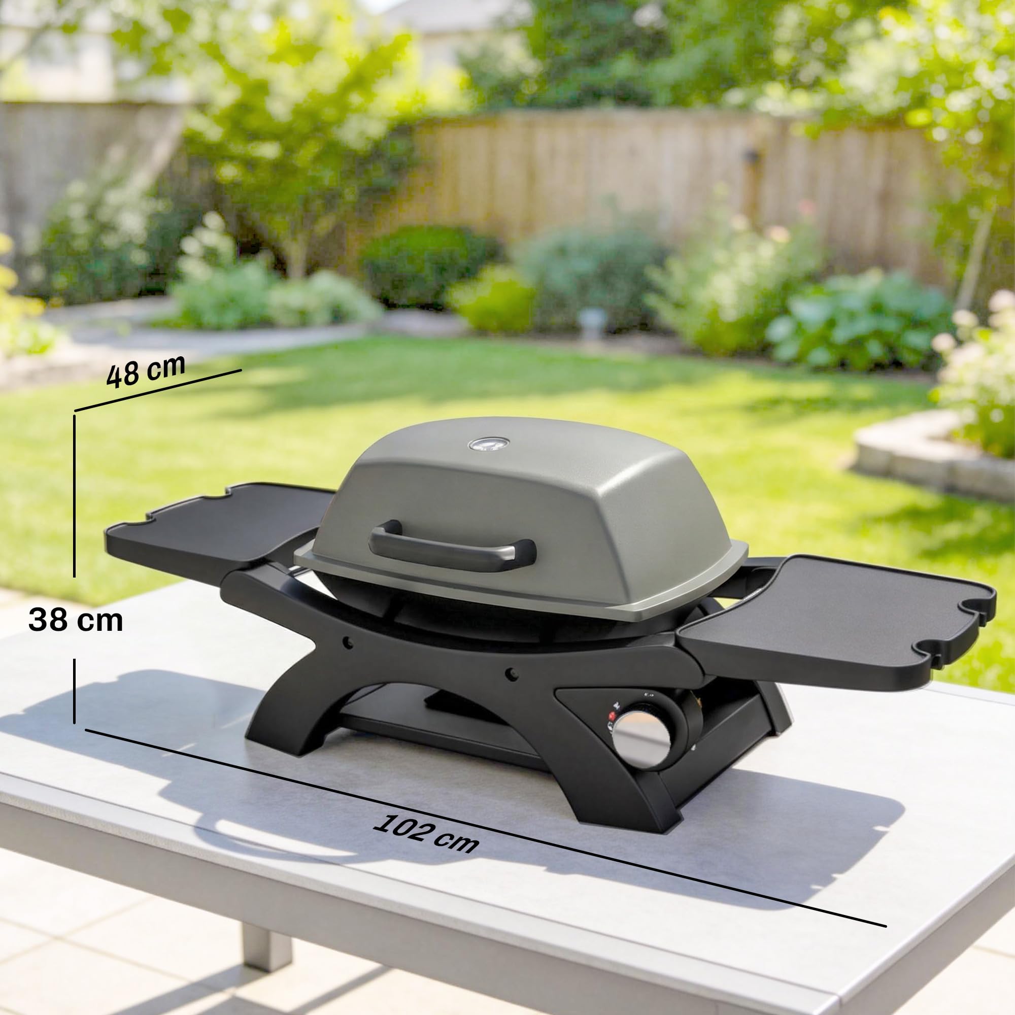 Outsunny Barbecue à gaz portable de 3,3 kW avec 1 brûleur, tables latérales pliables en fonte, grilles de cuisson en fonte, bac récupérateur de graisse, thermomètre, crochet, barbecue à gaz de table