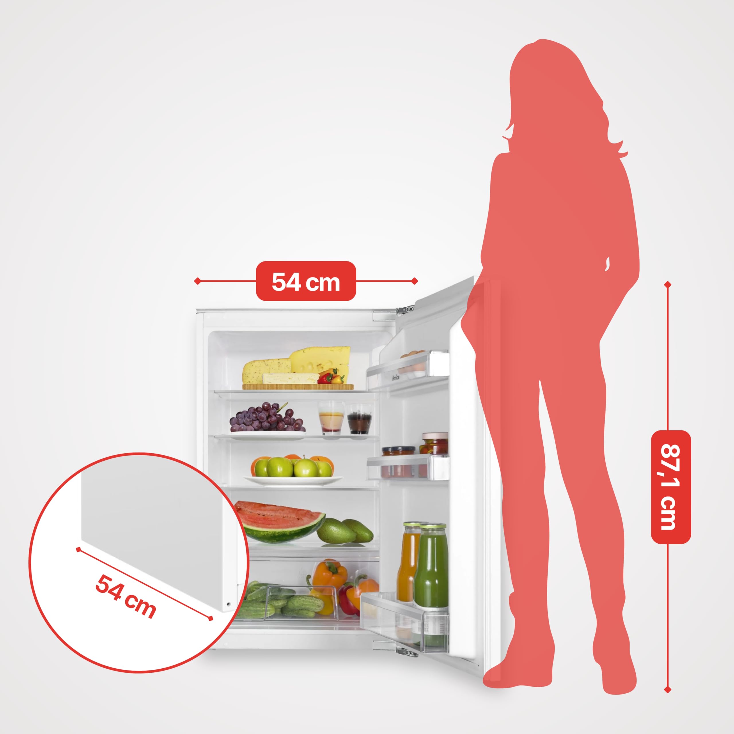 Amica Einbau‑Vollraum‑Kühlschrank Festtür‑Technik 880 mm Nische elektronische Steuerung Inverter‑Motor LED Beleuchtung 87,1 x 54 x 54 cm – Einbaukühlschrank