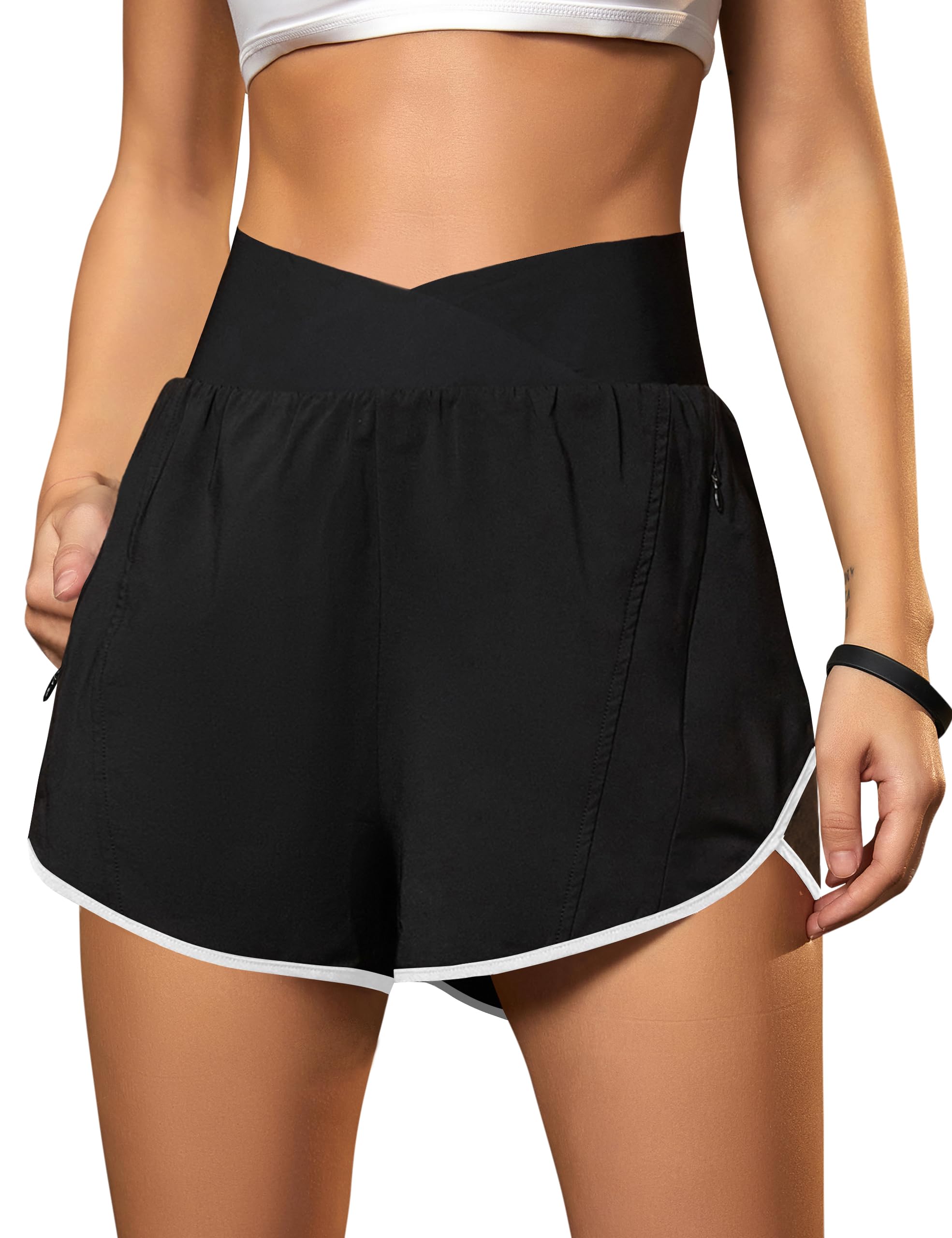 Blooming Jelly Women's Athletic Running Shorts Crossover Gym Workout Shorts | Stretchy High Waisted, Tummy Control, Pockets, Quick Dry, 2.8", Summer Fitness Clothing, for Sports, Exercise, Hiking, Yog
