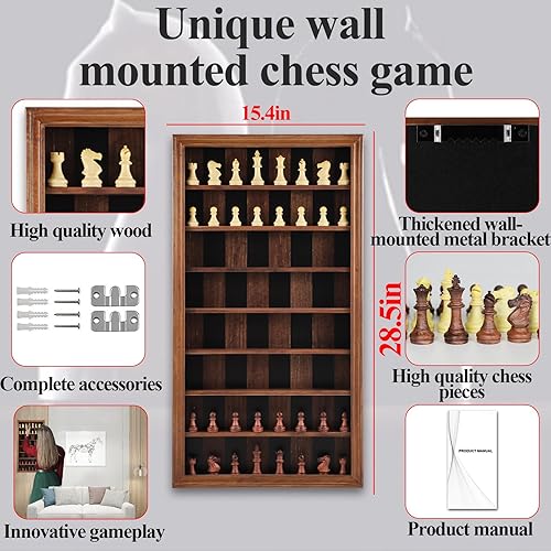 Miniatura 2 de Juego de mesa de ajedrez de montaje en pared, juego de ajedrez gigante de madera, vitrina vertical para colgar, juego familiar, decoración artística