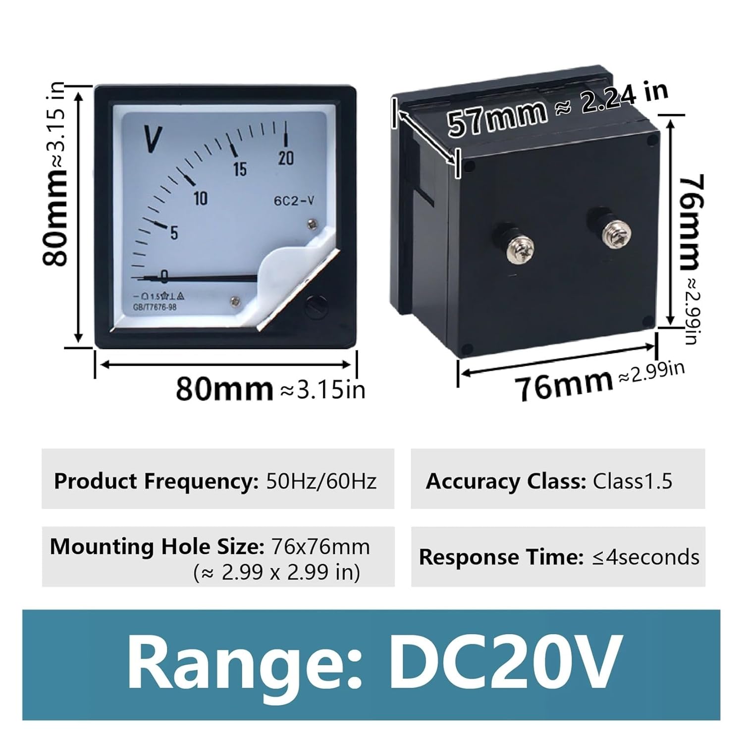 6C2 Analog DC Panel Voltmeter 80x80mm Dial Display 0-20V Range Pointer Gauge for Switchgear Cabinet Embedded Installation(DC20V)