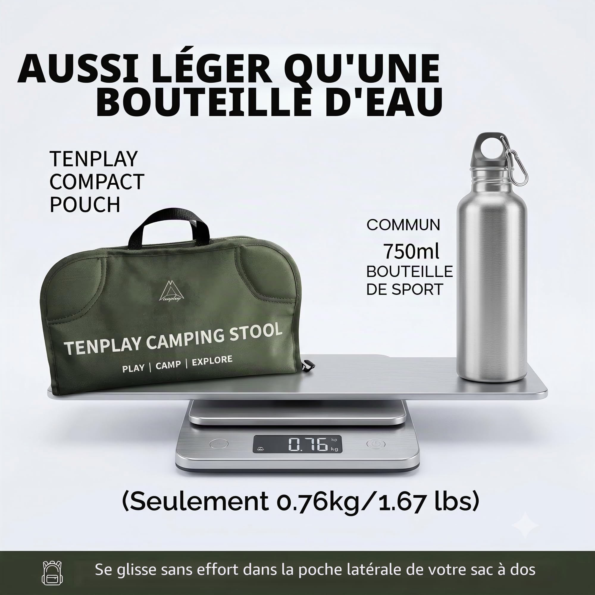 TENPLAY Tabouret de camping ultra léger de 0,76 kg, robuste capacité de 150 kg, tabouret pliable avec sac de transport, tissu Oxford 600D et aluminium, repose-pieds antidérapant pour extérieur