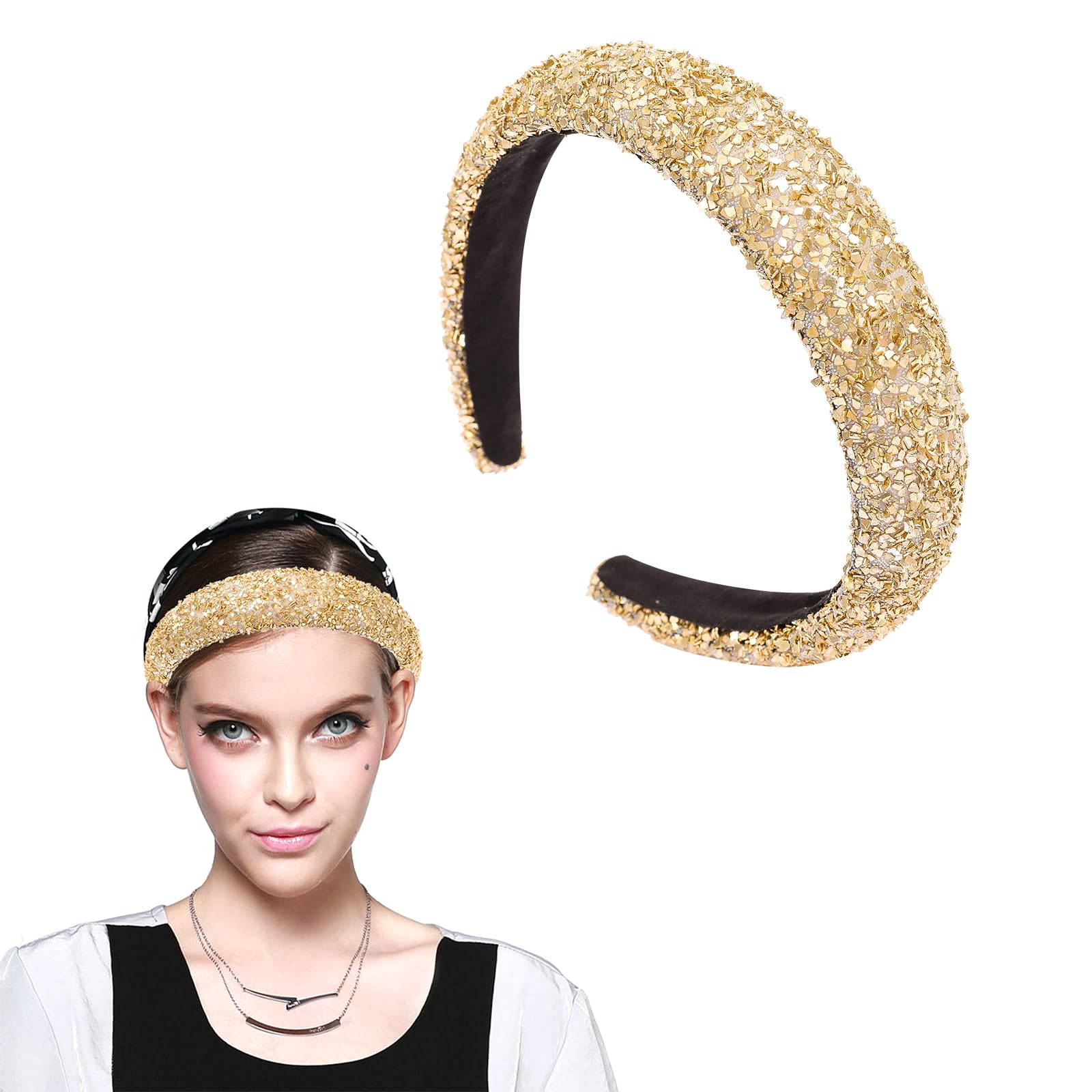 Cutewing Gold Sparkle Headband for Women Fashion Glitter Wide Headbands Bling Comfortable High Elastic Head Band Hairband Hairhoop Hair Accessories