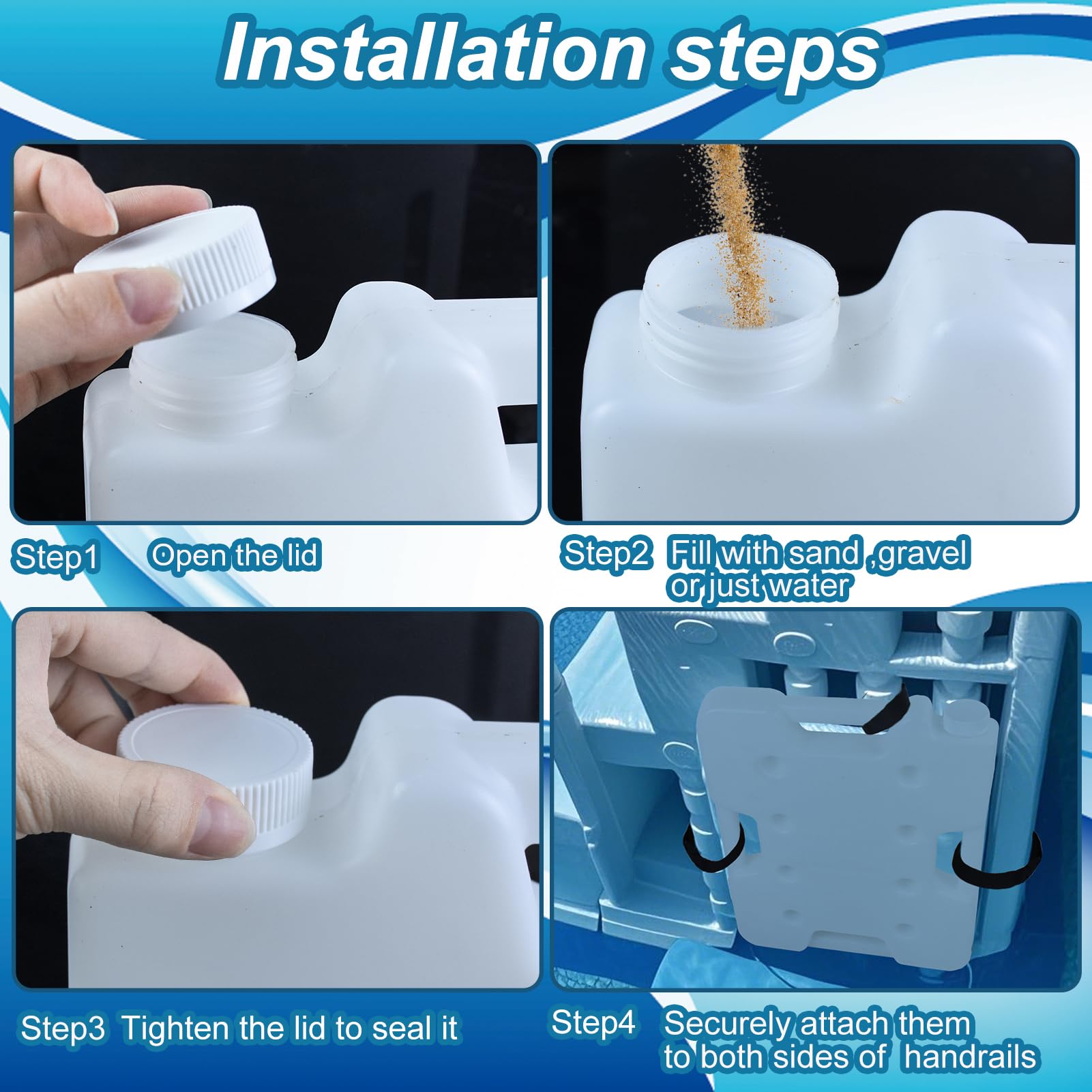 Paquete de 2 pesas de escalera de piscina para piscinas sobre el suelo, pesas de plástico extraíbles para escalones, contenedor de anclaje, bolsa de arena con 8 correas de gancho y bucle que soportan