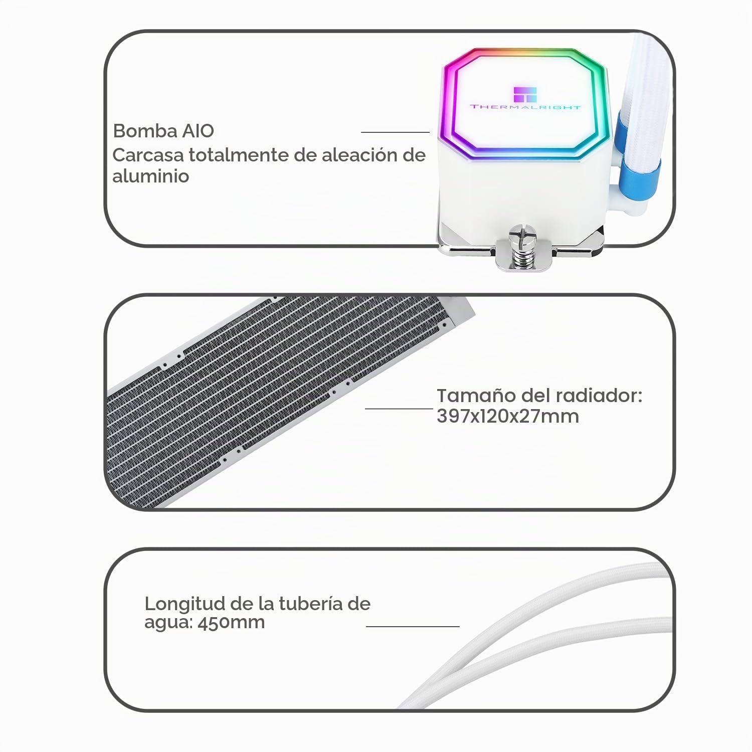 TR-Thermalright Frozen Prism 360 White ARGB Enfriador líquido para CPU, enfriador Aio 360 mm, ventilador 3 x 120 mm-2000 rpm, para AM4 /AM5, Intel LGA1851/1700/115X