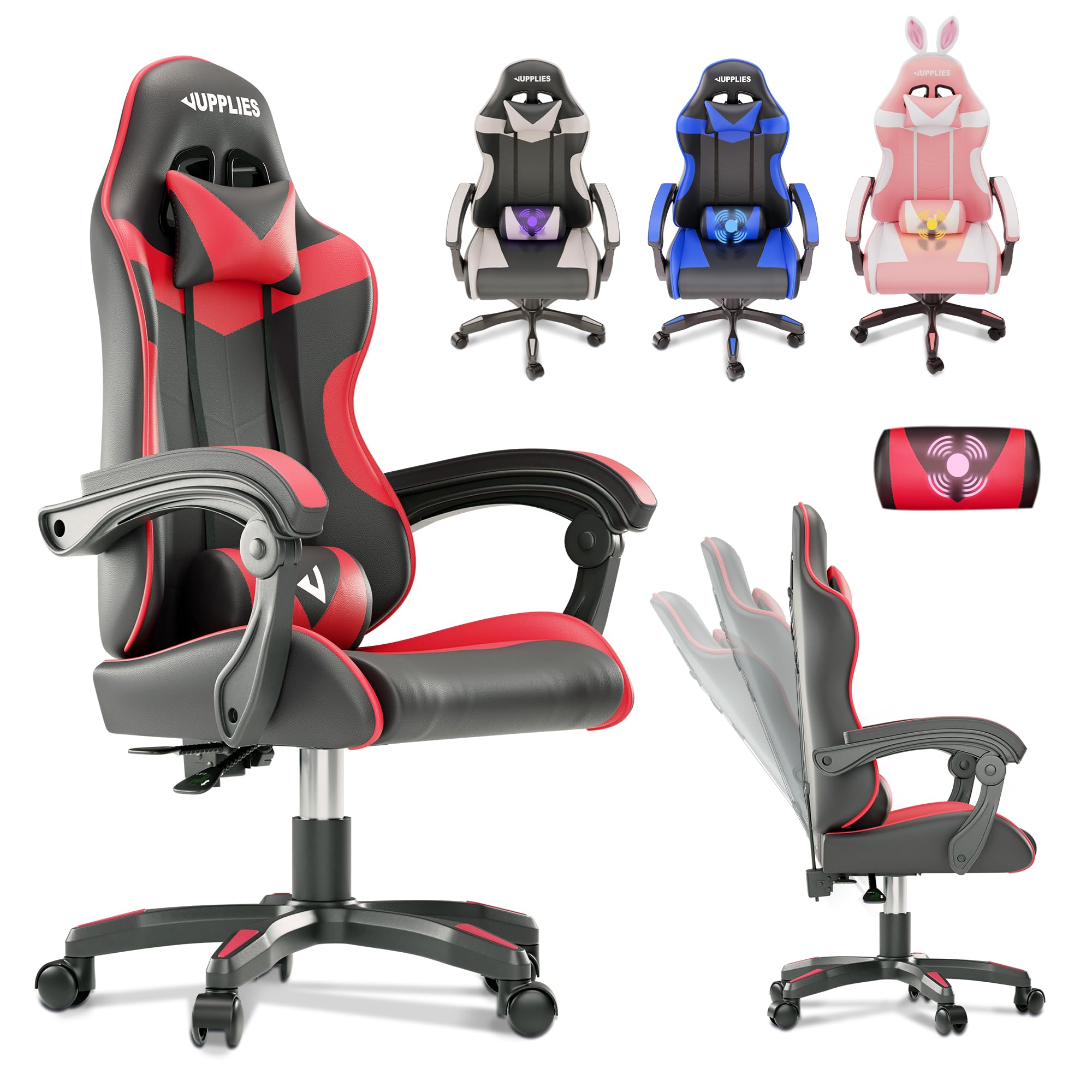 JUPPLIES Silla Gaming Profesional con Masajeador - Silla de Oficina Ergonómica sin Reposapiés, Altura Regulable y Respaldo Abatible - Silla Gamer para Juegos