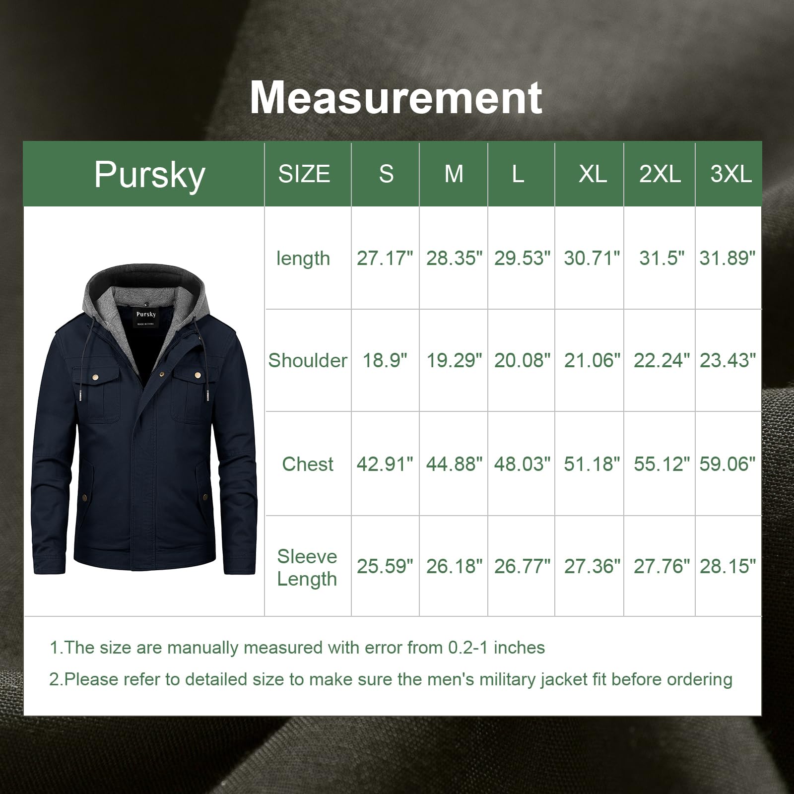 Pursky, Herren Militärjacke aus gewaschenem Baumwoll-Canvas, mit Kapuze, lässige Übergangsjacke für den Herbst