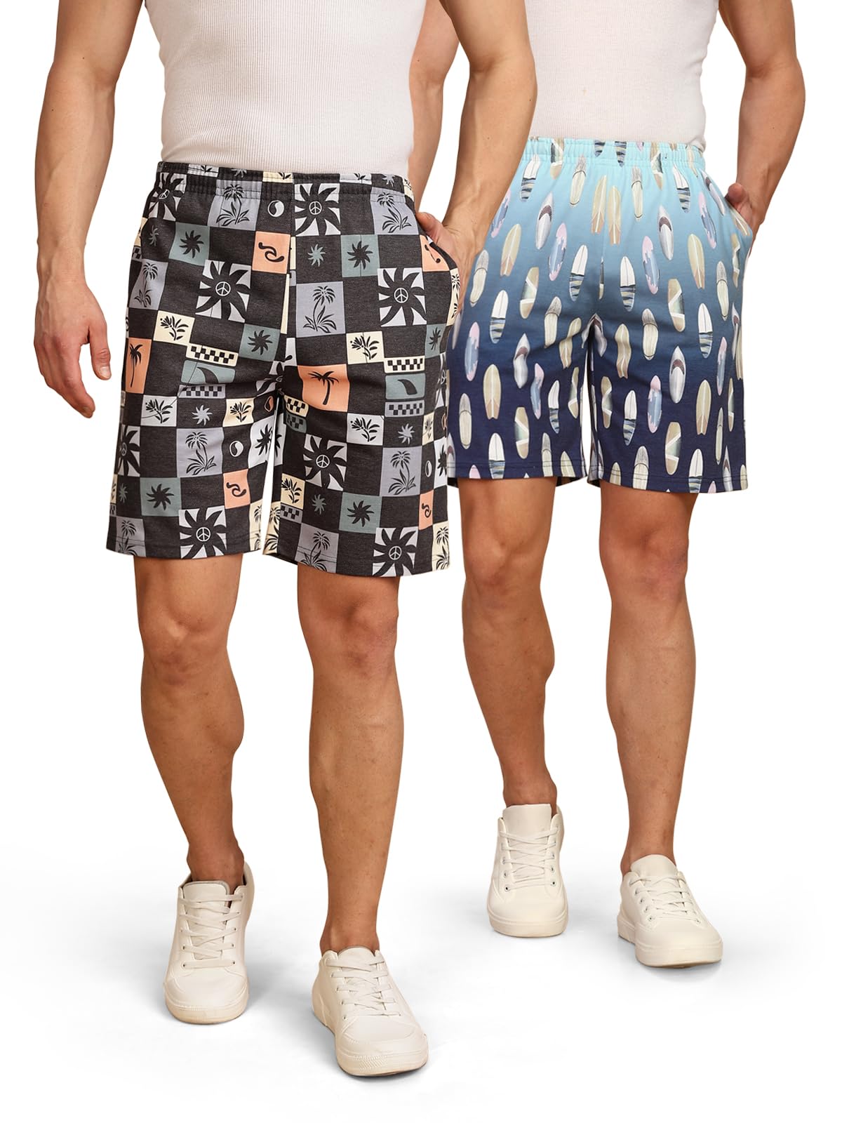 BULLMER Regular Fit Cotton Blend Summer Shorts for Men - Pack of 2 | Printed Shorts for Men Blue/Beige