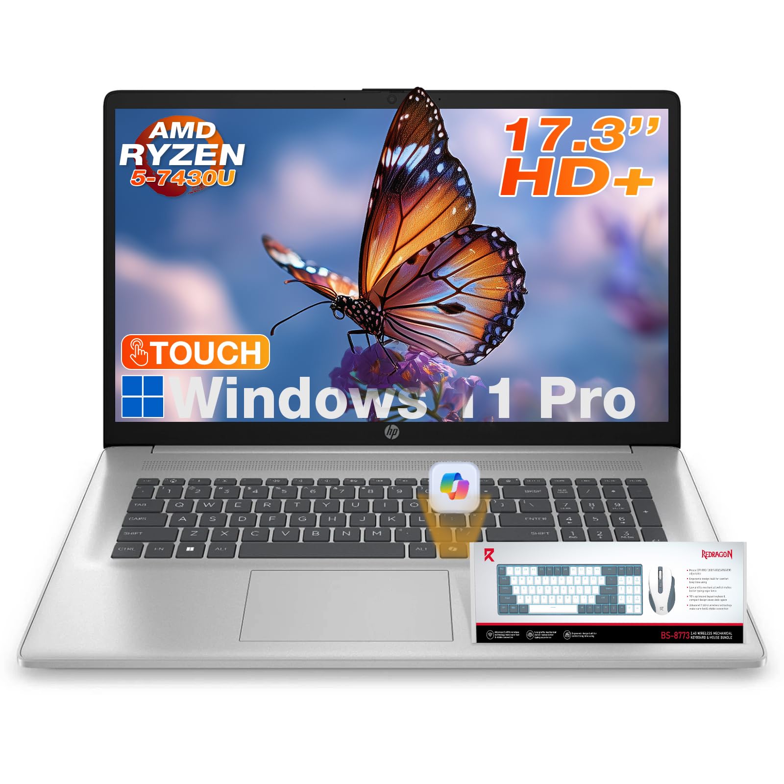 HP 17 inch laptops Touchscreen, AMD Ryzen 5 (Up to 4.3GHz), 17.3" HD+ Touch Screen, Copilot, WiFi 6, BT 5.4, Numeric KB, Wins 11 Pro, Patented KB Kit