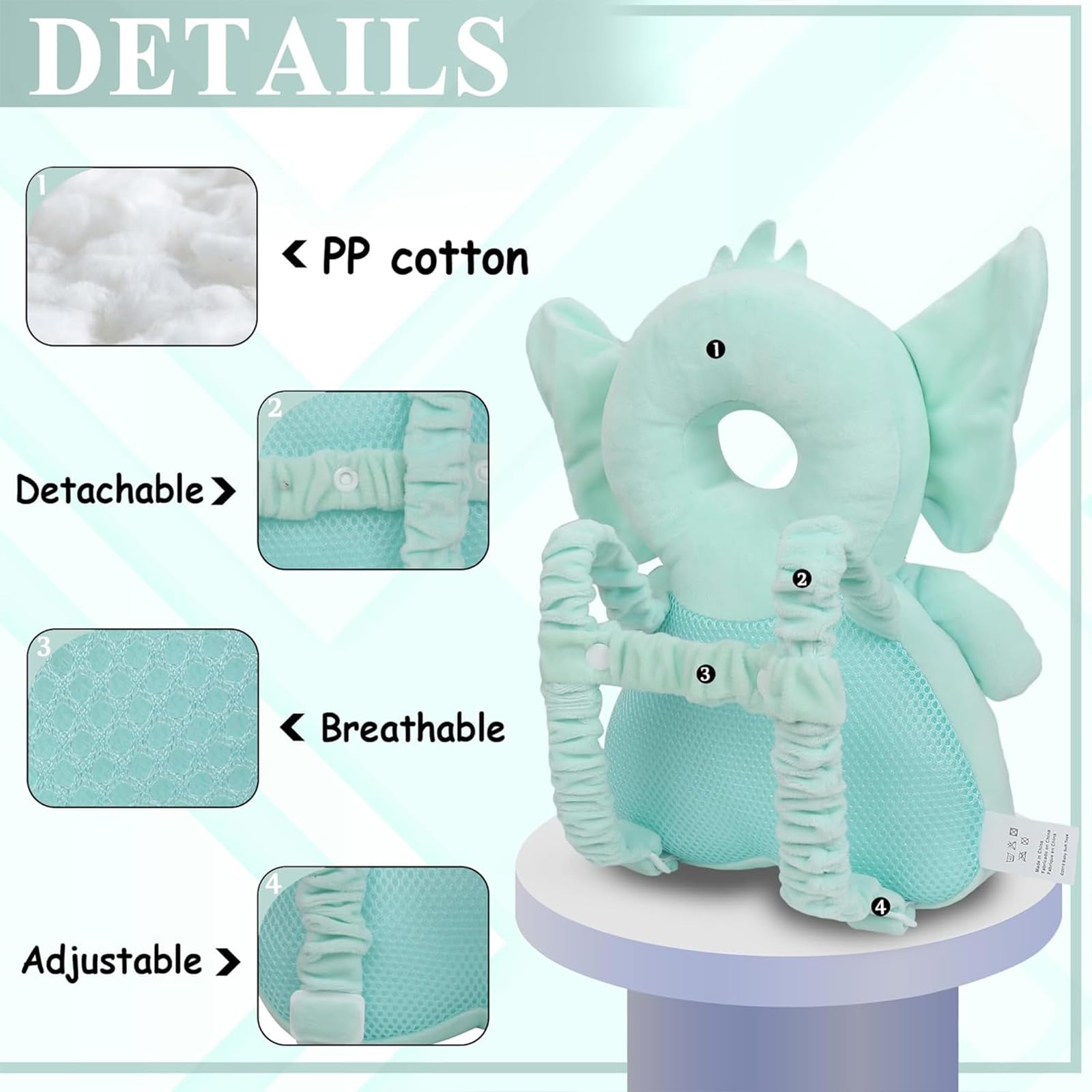 Casque Protection Tête Bébé Éléphant Vert - Coussin Anti-Chute Amortissant + Sac à Dos - Soutien Confortable Pour Rampant Et Apprenti Marcheur