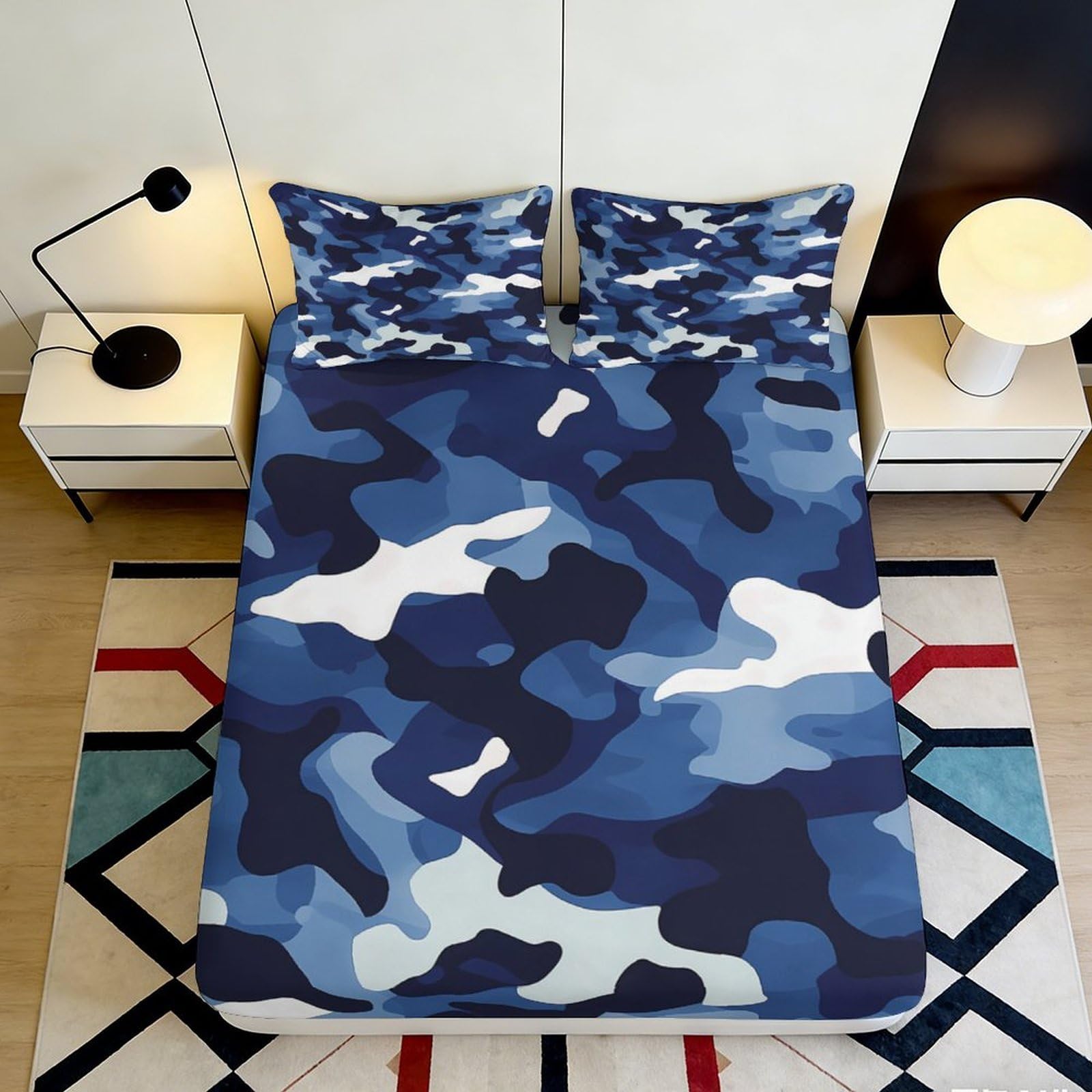 3D Printed Blue Camouflage Fitted Sheet Microfiber Soft Breathable Abstract Camo Mattress Cover for Bedroom Dorm Decor 90x200x25cm