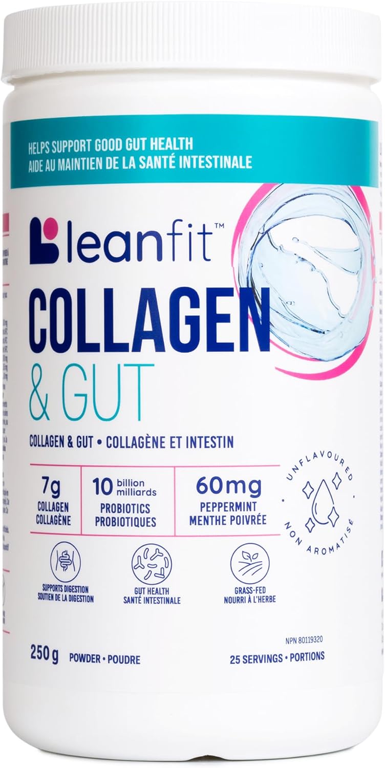 LEANFIT COLLAGEN & GUT™ Unflavoured – 7g Collagen + 10 Billion Probiotics + 60mg Peppermint + 2.1g Fibre From Psyllium – Supports Good Gut Health & Digestion – 25 Servings, 250g tub LEANFIT COLLAGEN & GUT™ Unflavoured – 7g Collagen + 10 Billion Probiotics + 60mg Peppermint + 2.1g Fibre From Psyllium – Supports Good Gut Health & Digestion – 25 Servings, 250g tub