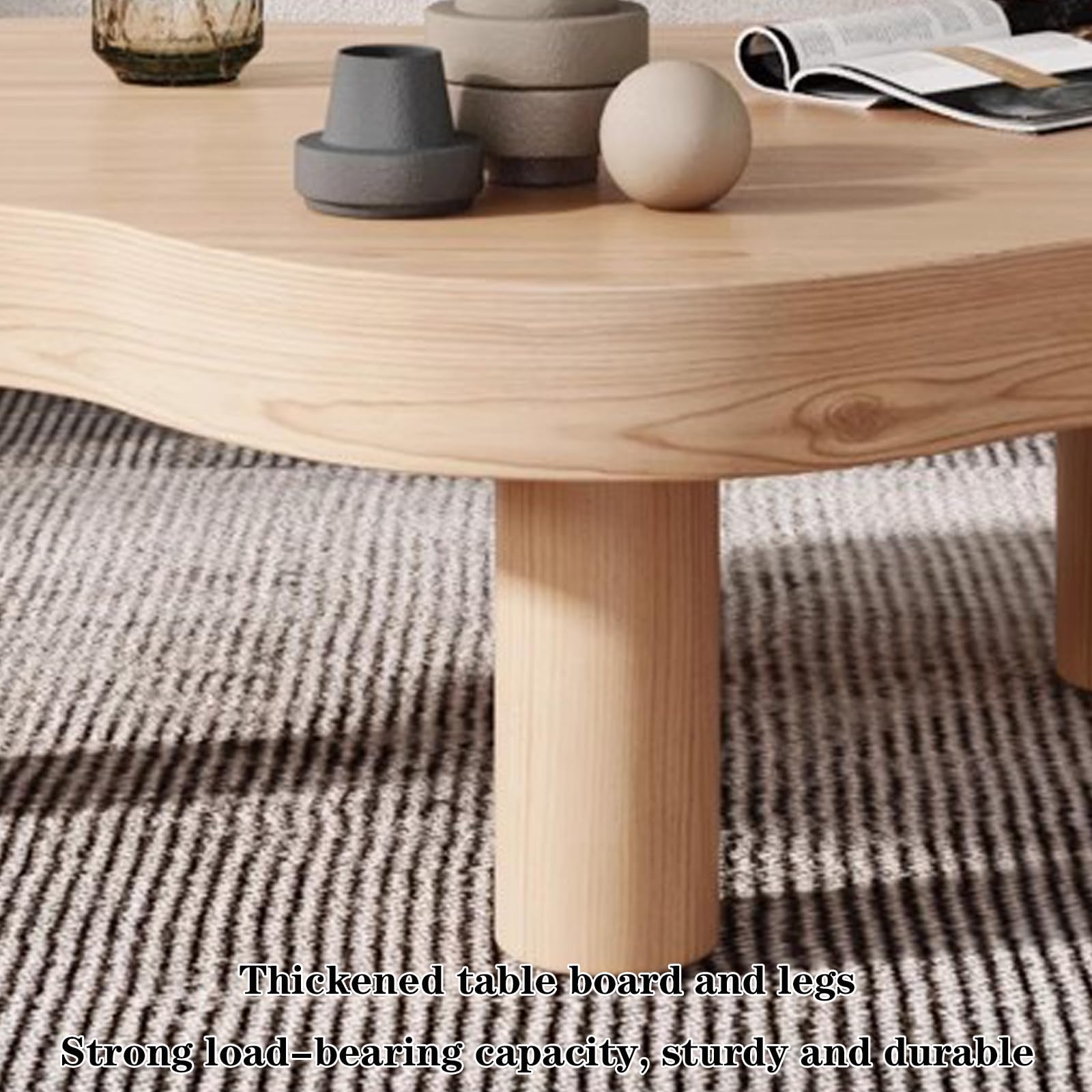 Nowoczesny okrągły drewniany stolik kawowy z 3 nogami gruby stół akcentujący do salonu i sypialni nieregularny design białe wykończenie 89 cm x 61 cm x 40 cm