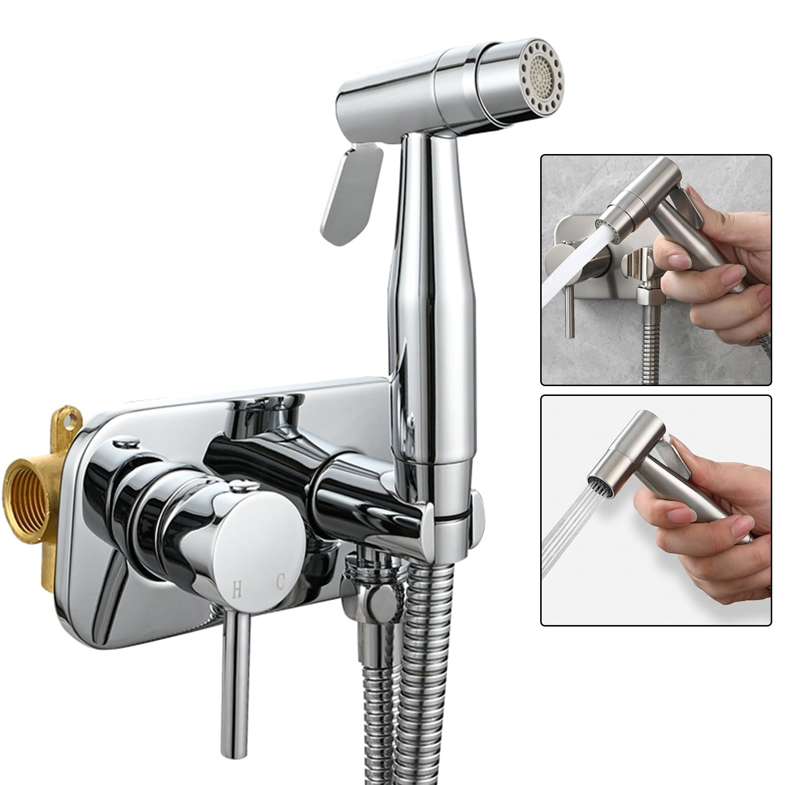 Kit Bidet de Mano Agua Caliente y Fría, 2 Modos de Chorro con Suave y Fuerte, Grifo de Bidet Empotrado Cromado, Ducha de Higiene Íntima de Latón con Mezclador Manguera 1,5m para WC y Mascotas