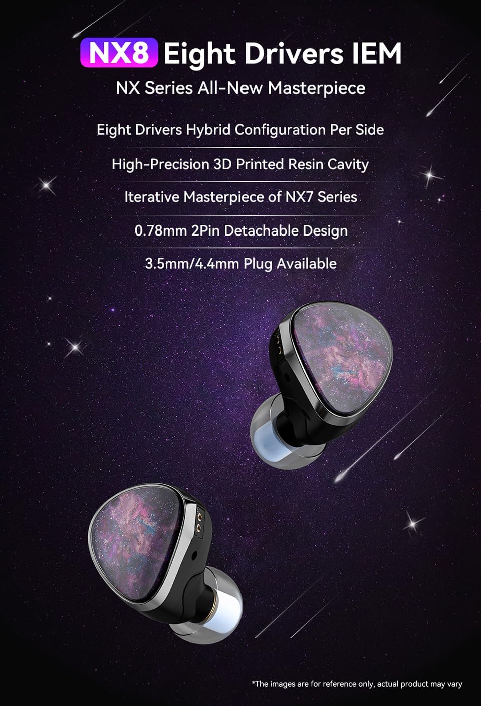 NICEHCK NX8 in Ear Monitor, 1DD + 6BA + 1Piezo 8 Drivers IEM with Precision 3D Printed Resin Shell, In Ear Headphones with 2Pin Detachable Design, Wired Earbuds for Audiophile Musicians (4.4mm no Mic)