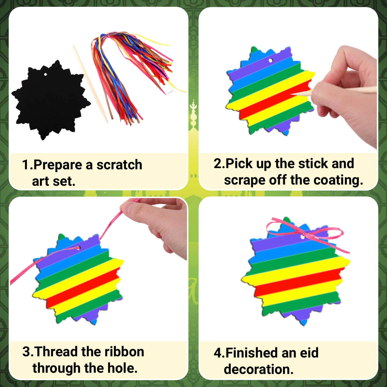 36 PCS Ramadan Eid Scratch Art for Kids Ramadan Lantern Moon Star Castle Shaped Rainbow Paper Eid Mubarak Decorations with Ribbon - Image 4