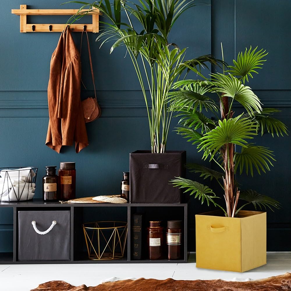 Box and beyond - Set mit 12 Aufbewahrungskörben – 31 x 31 x 31 cm – gelber Stoff – faltbar – mit Griffen – Aufbewahrung, Deko – Schlafzimmer, Wohnzimmer, Büro – moderner Stil