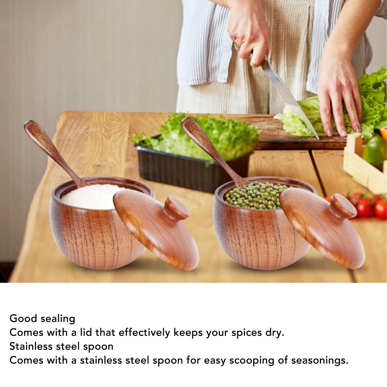 Nikou Frasco multifuncional de Wood Salt Bowl con cuchara de tapa para azúcar y especias 2 piezas