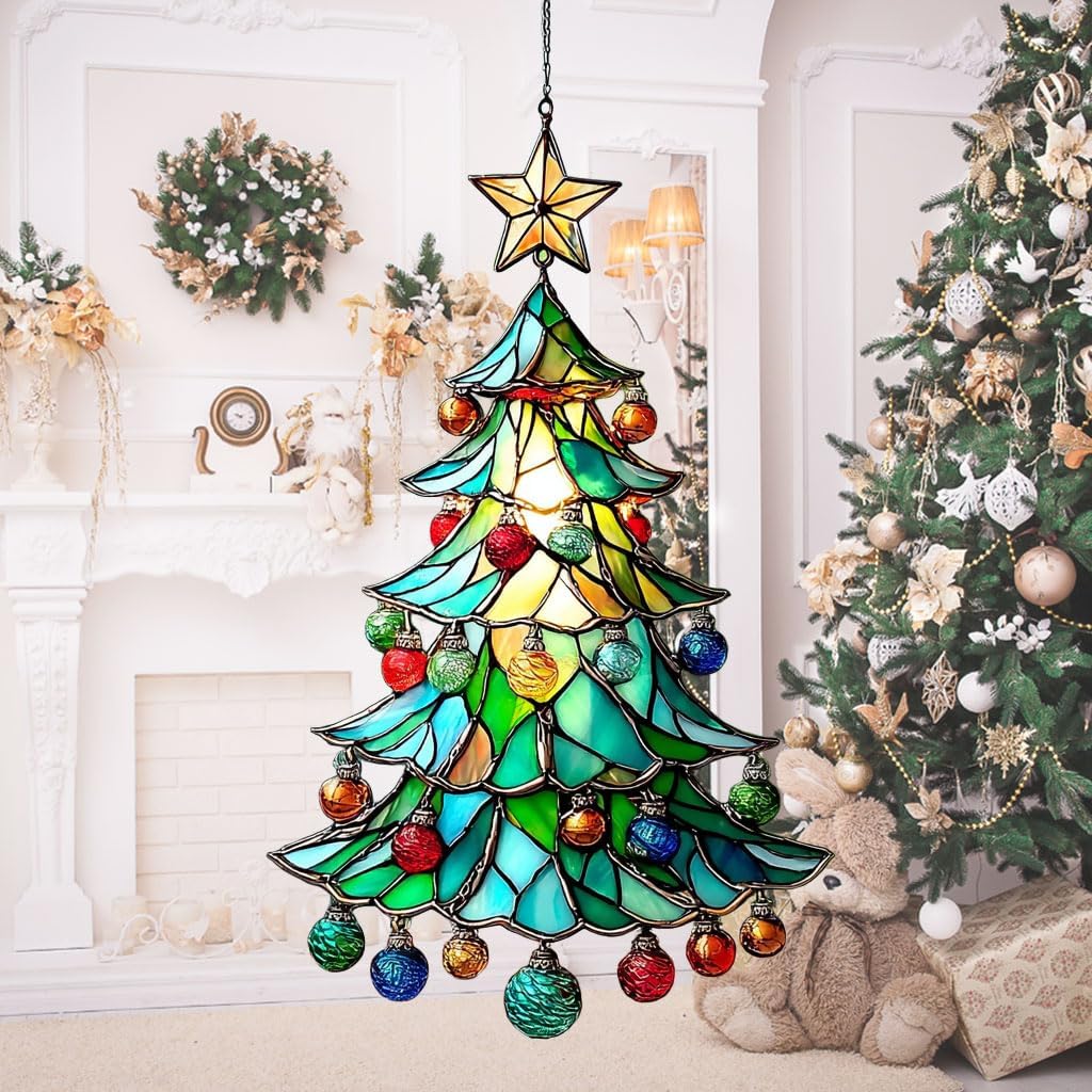 Mosaic Style Christian Cross Tiffany Effect Acrylic Suncatcher Stained Glass Effect Window Car Hanging Christmas Ornament Indoor Outdoor Decor Garden Sun Catcher Panel for Women Mom Grandma