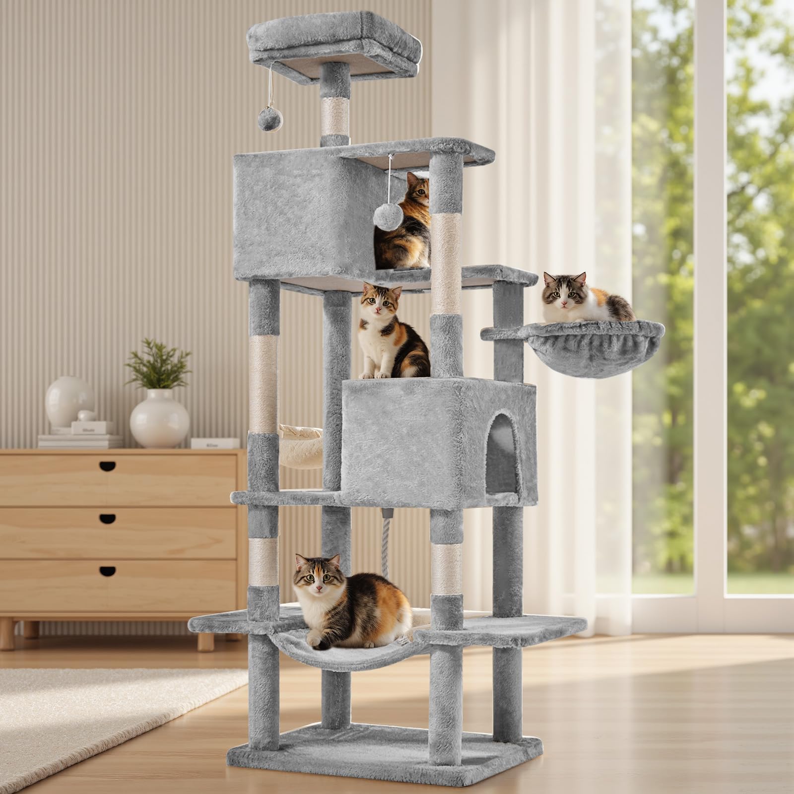 Aidoly Large Cat Tree 66 Inch, Multi-Level Tall Cat Tree Tower with Condo, Perches, Sisal Scratching Posts and Hammock, Pet Play House with Dangling